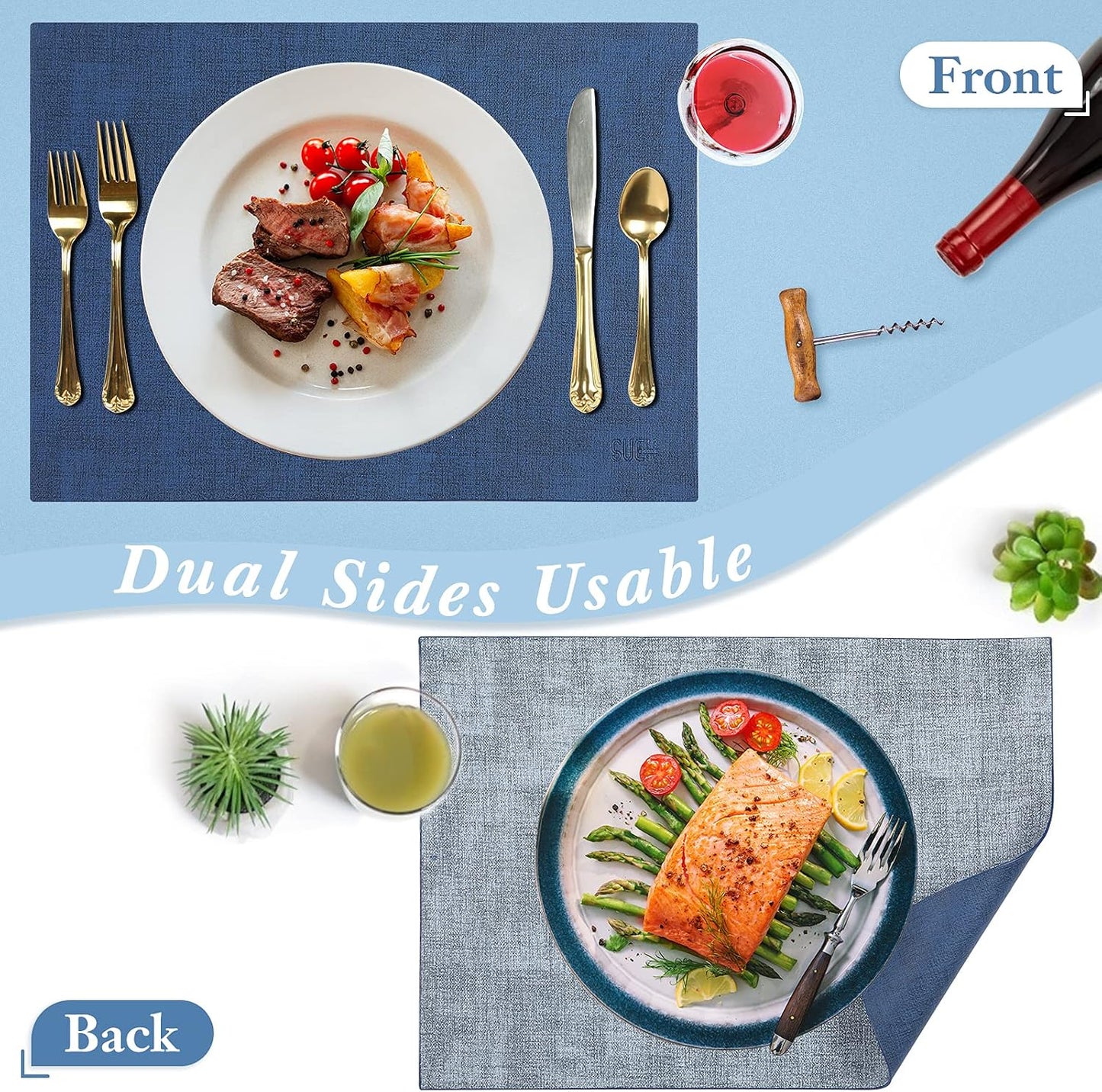 Leather Placemats Table Mats Set of 6, Navy Blue & Light Blue | Reversible Non-Slip Table Placemats, Heat-Resistant and