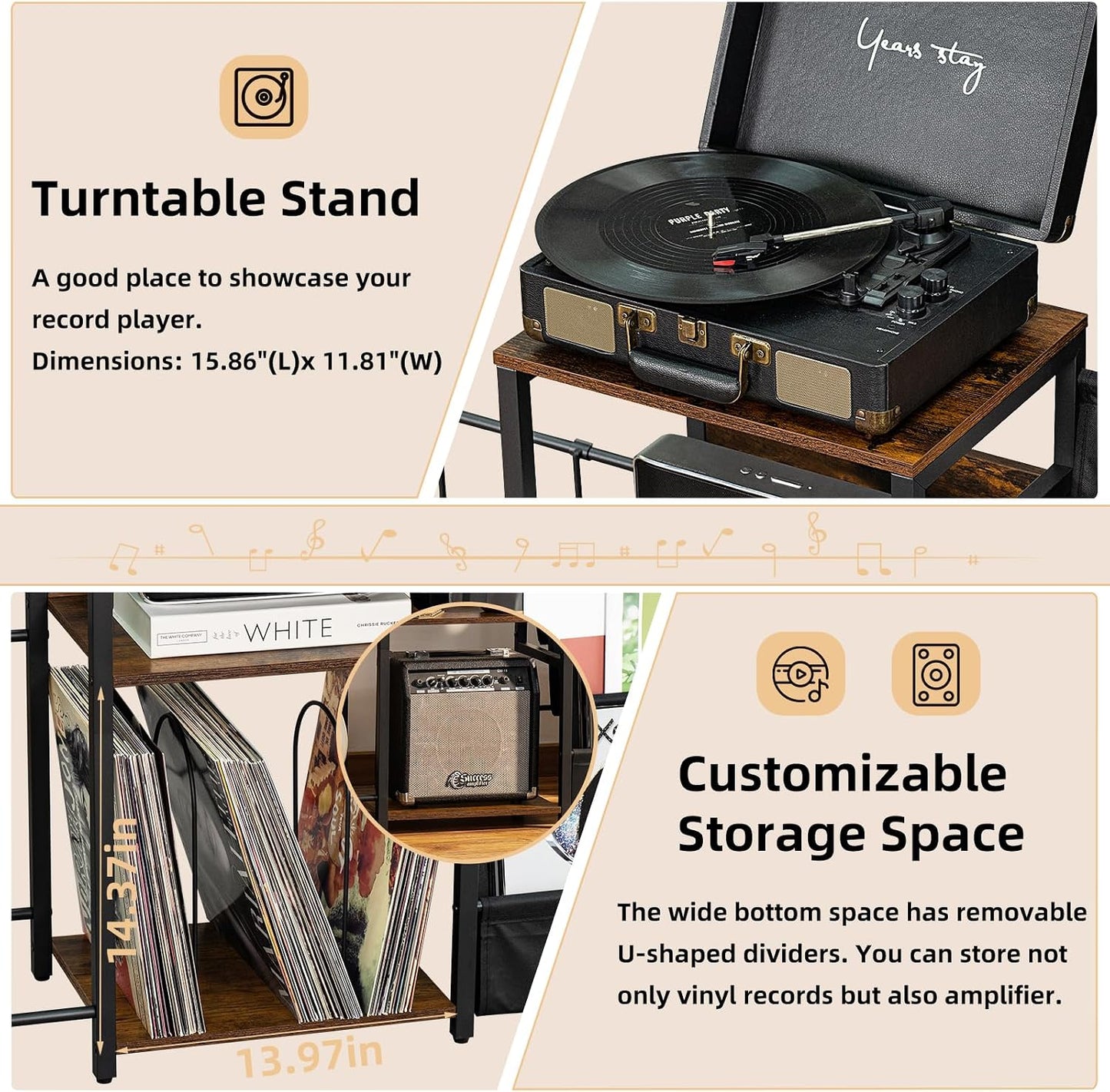 Record Player Stand, Adjustable Guitar Stand for Acoustic Guitar, Electric Guitar, Bass, Turntable Stand with Vinyl