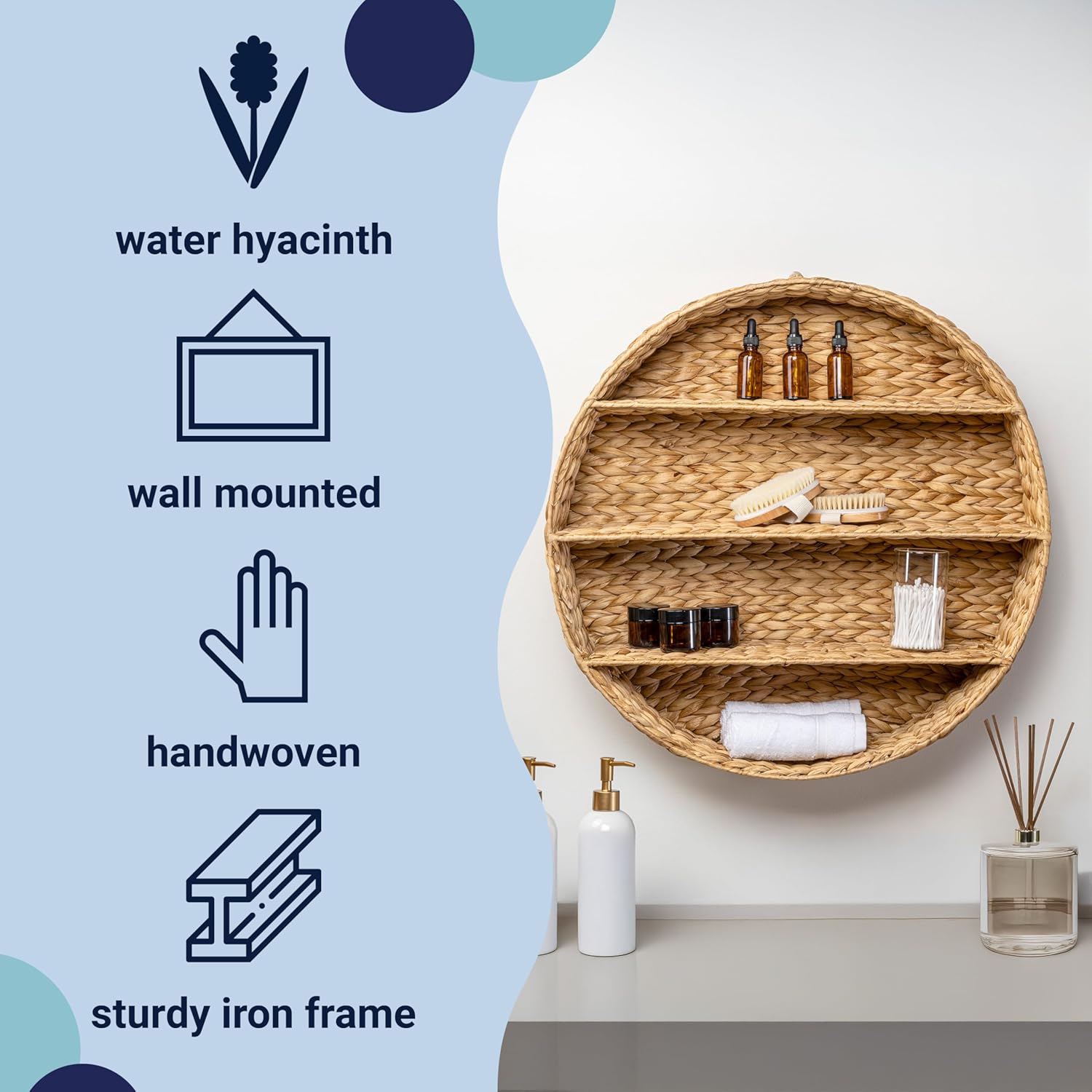 WRK1000A Annulus 24.5" 3-Shelf Circular Handwoven Hyacinth Wall Rack for Entryway / Natural / 24.61
