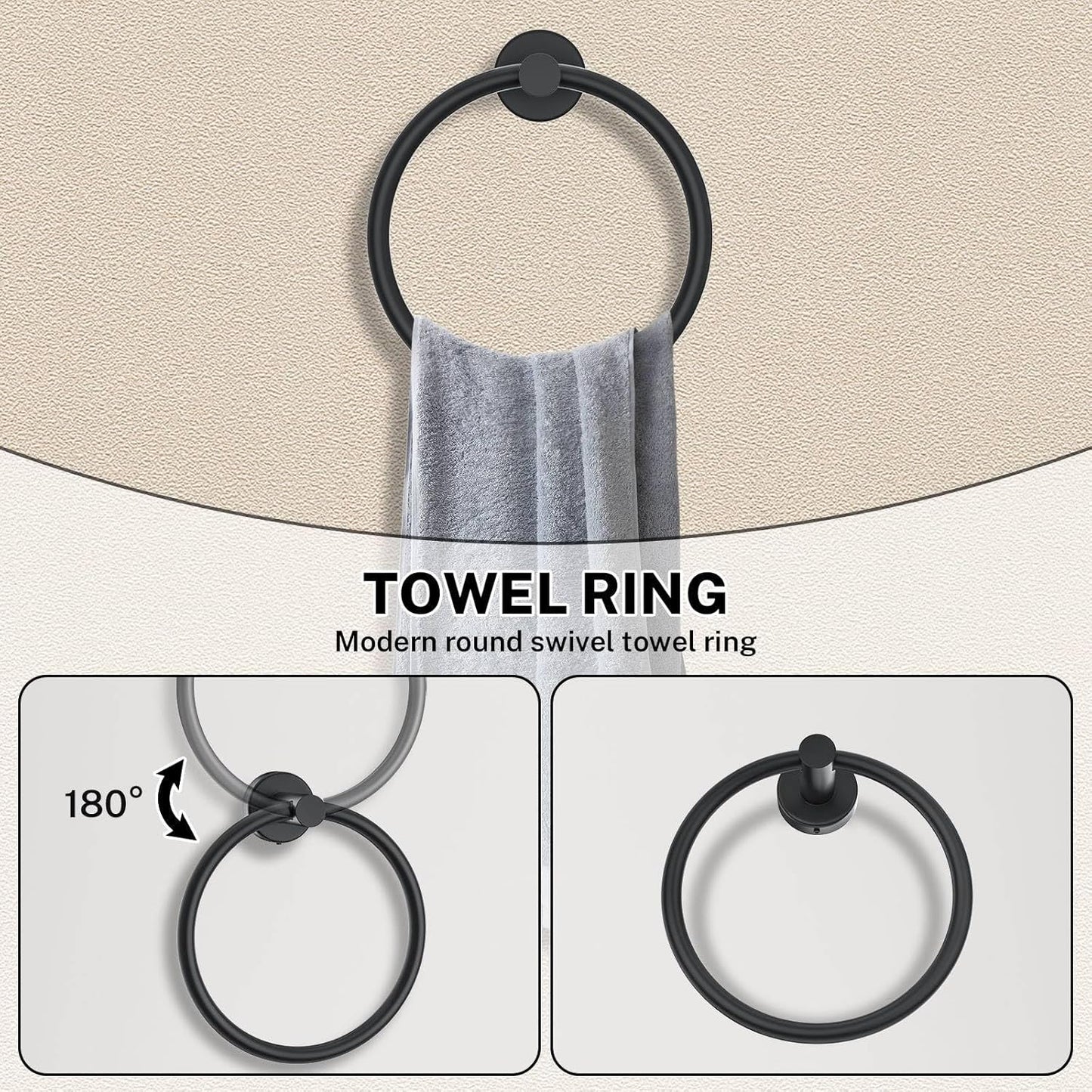 Matte Black Towel Bar Set 5-Piece Bathroom Hardware Accessories Set Includes 23.6in Towel Bar-Round Towel Ring-Toilet