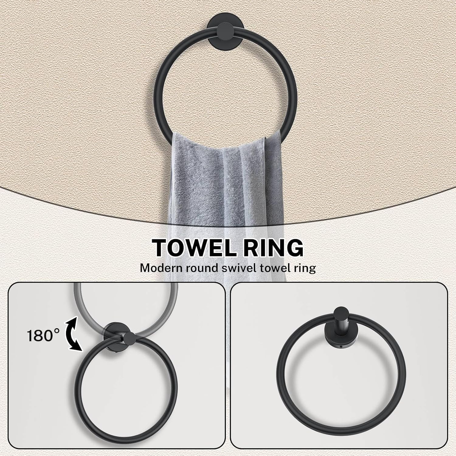 Matte Black Towel Bar Set 5-Piece Bathroom Hardware Accessories Set Includes 23.6in Towel Bar-Round Towel Ring-Toilet