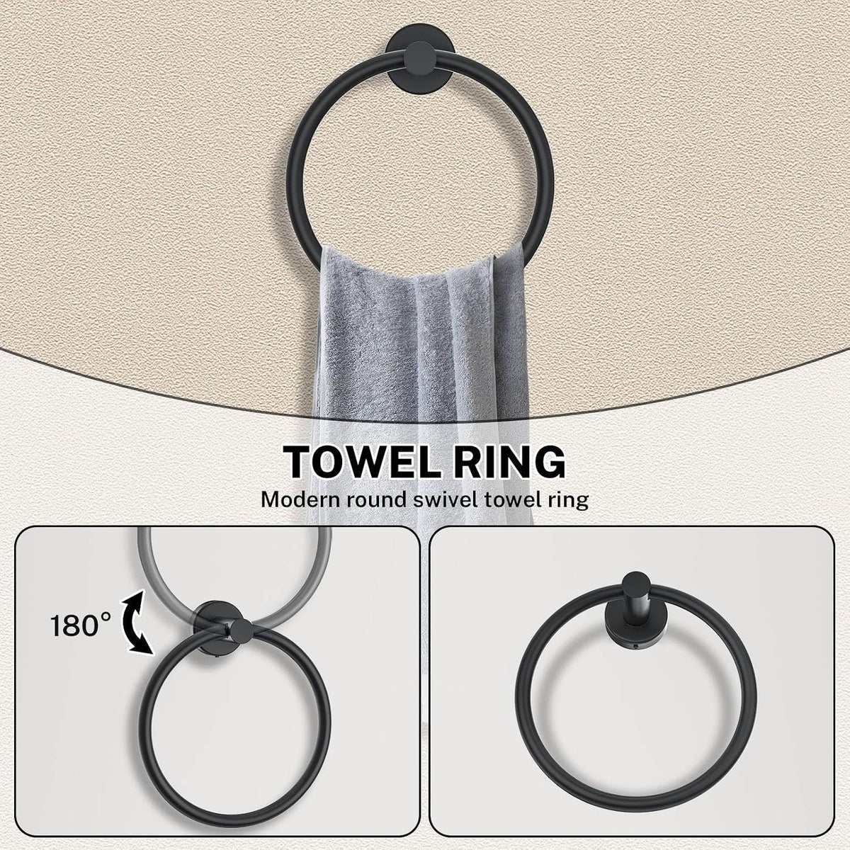 6 Pieces Towel Bar Set Matte Black Bathroom Hardware Set Includes 23.6 Inch Towel Bar,Stainless Steel Wall-Mounted