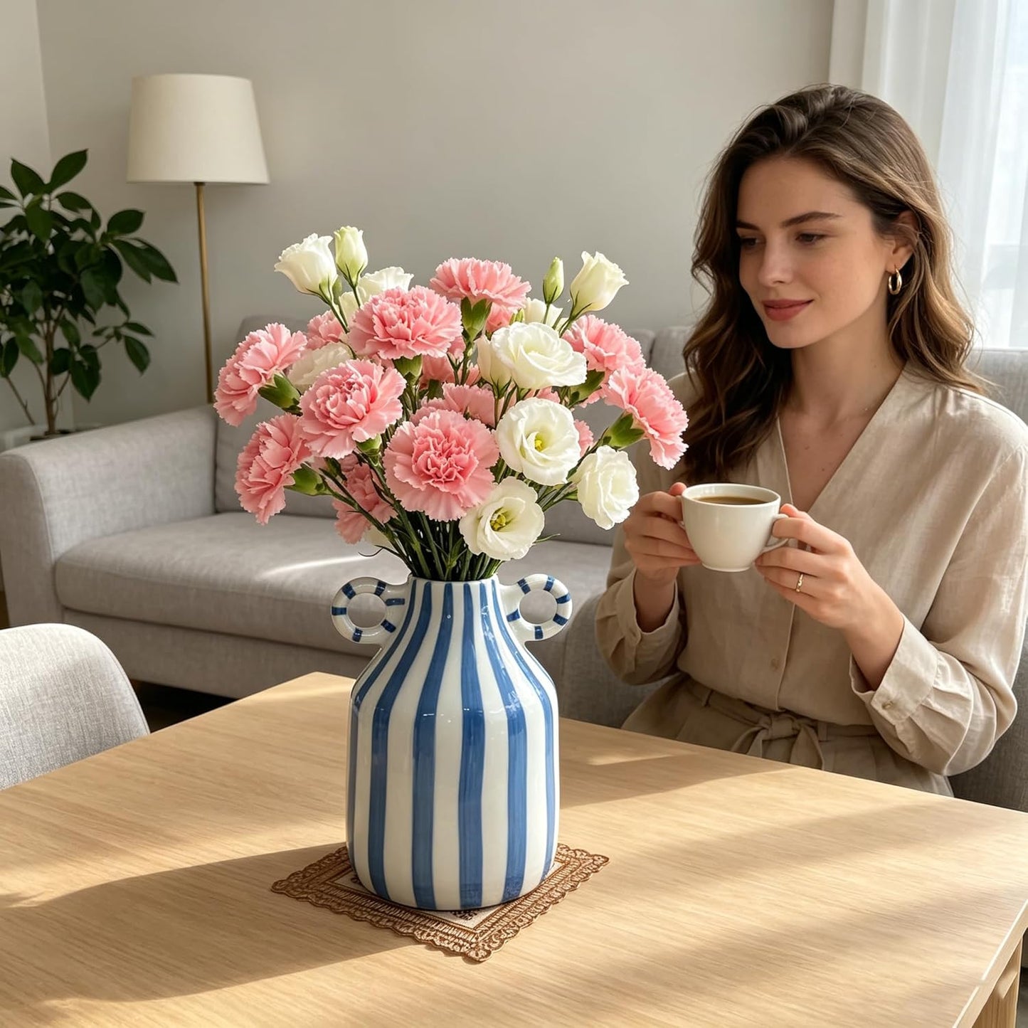 Ceramic Flower Vase / White+blue Handle