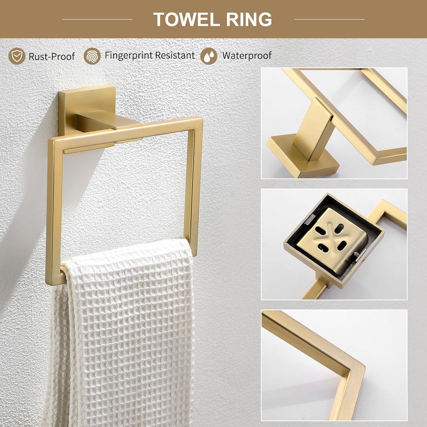 TQKAG 6-Piece Bathroom Towel Bar Sets Brushed Gold 23.6 inch Towel Bar Stainless Steel Towel Ring Coat Hook and Toilet
