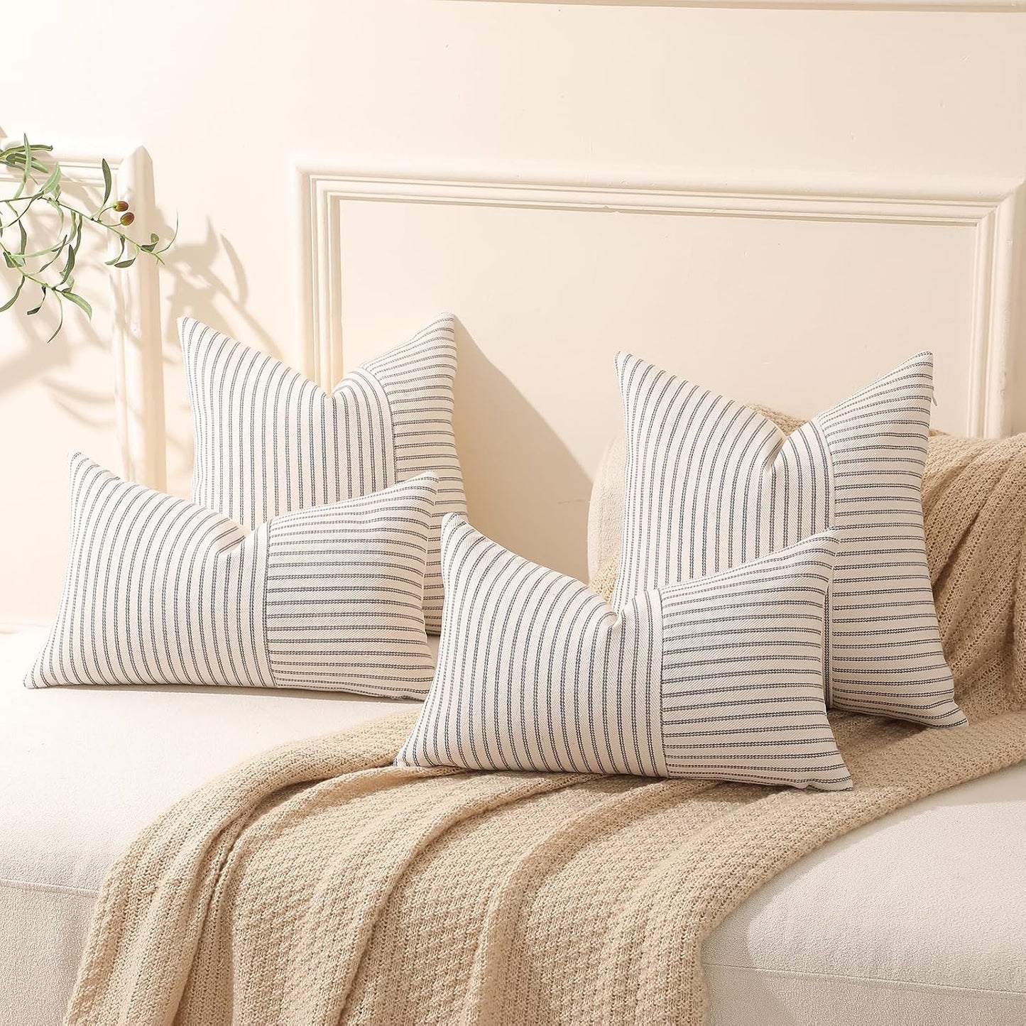 Farmhouse Throw Pillow Covers Striped Linen Decorative Pillows Case / Grey / 18 x 18 / Set of 2
