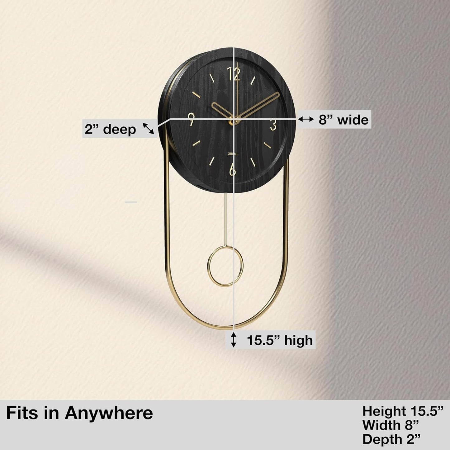 Driini Decorative Wall Clock with Pendulum (Black) – Modern Wood, 3D Gold Numbers, Metal Frame – Small, Unique Wall