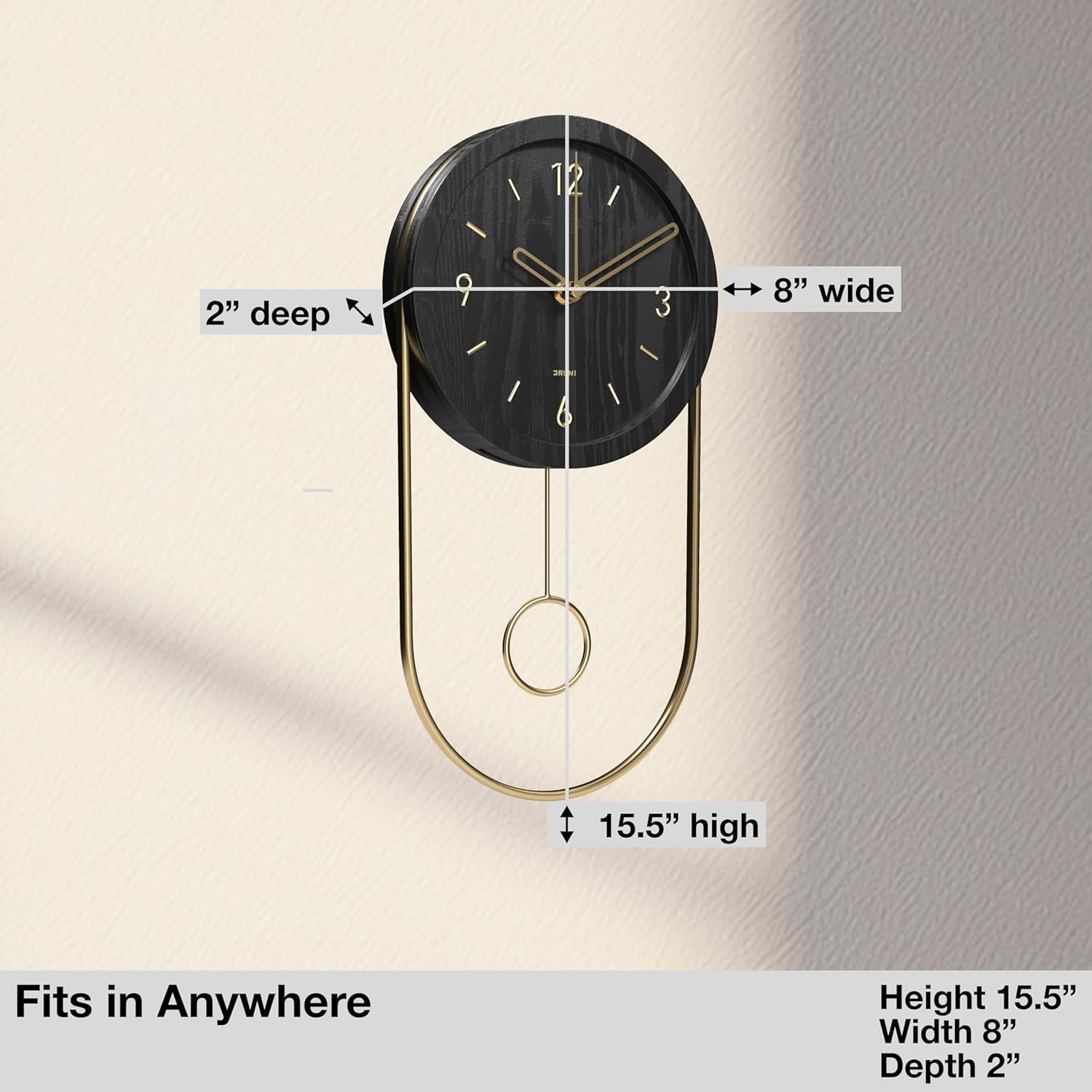 Driini Decorative Wall Clock with Pendulum (Black) – Modern Wood, 3D Gold Numbers, Metal Frame – Small, Unique Wall