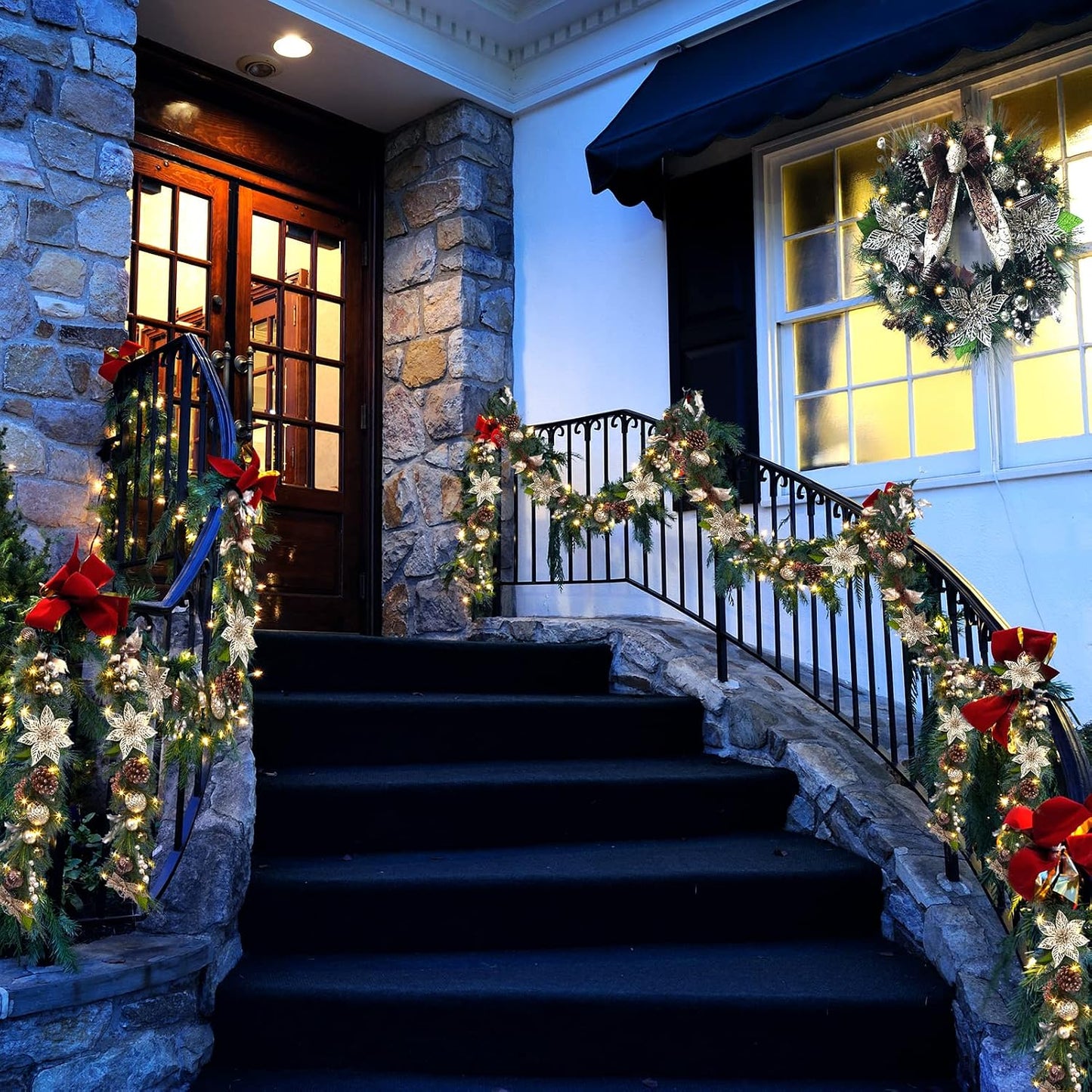 6ft Prelit Christmas Garland with 20 Lights, Xmas Fake Vines with Bows Christmas Balls Flowers Berries Greenery