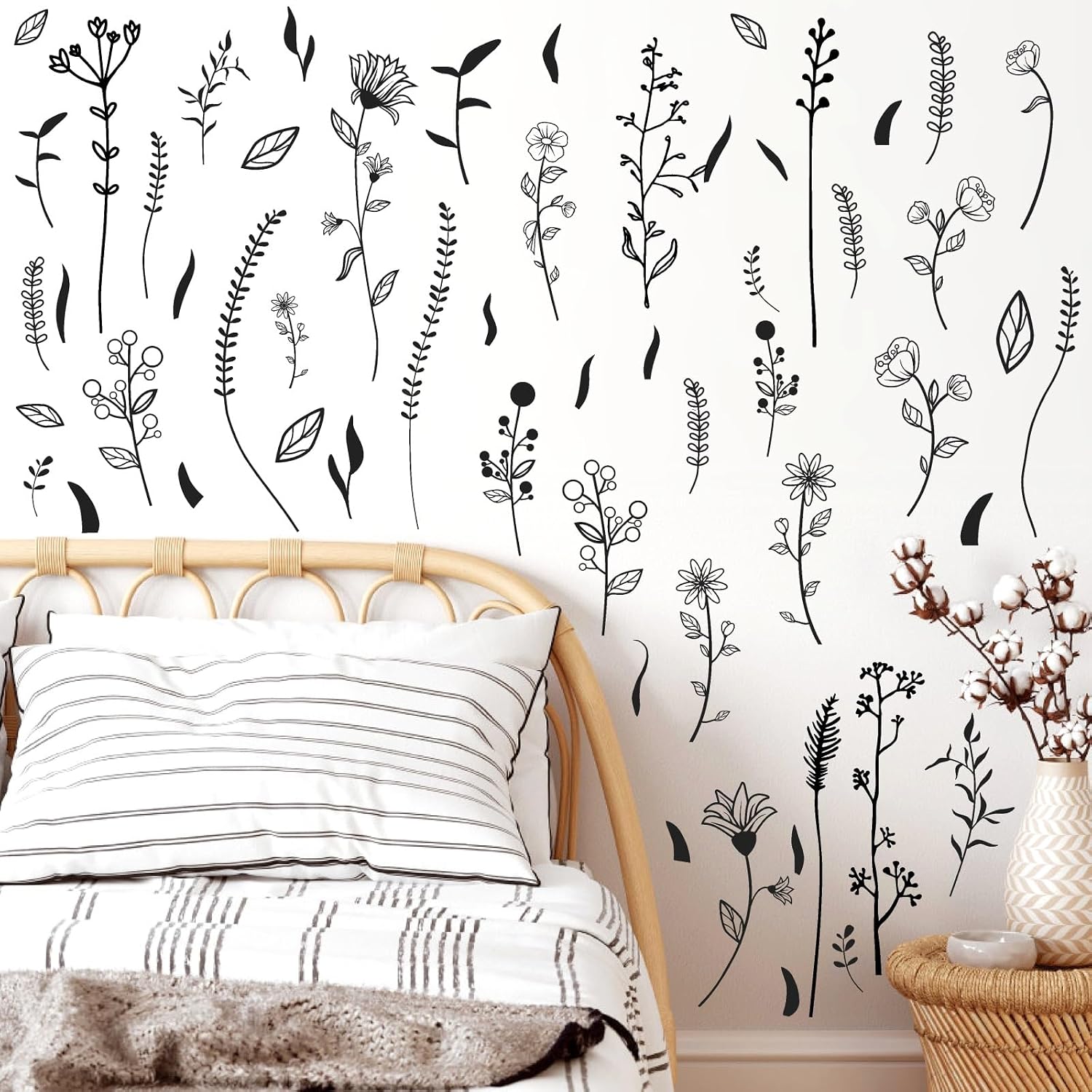 Floral Leaf Wall Decals Wildflower Wall Stickers Bouquet Botanical Plant Leaves Wall / Black