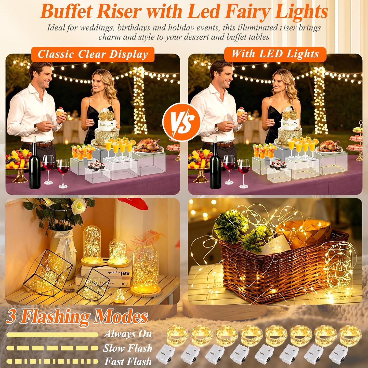 8 Pcs Clear Acrylic Buffet Risers with LED Fairy Lights, Acrylic Food Risers with Mini Sign and Maker, Clear Buffet