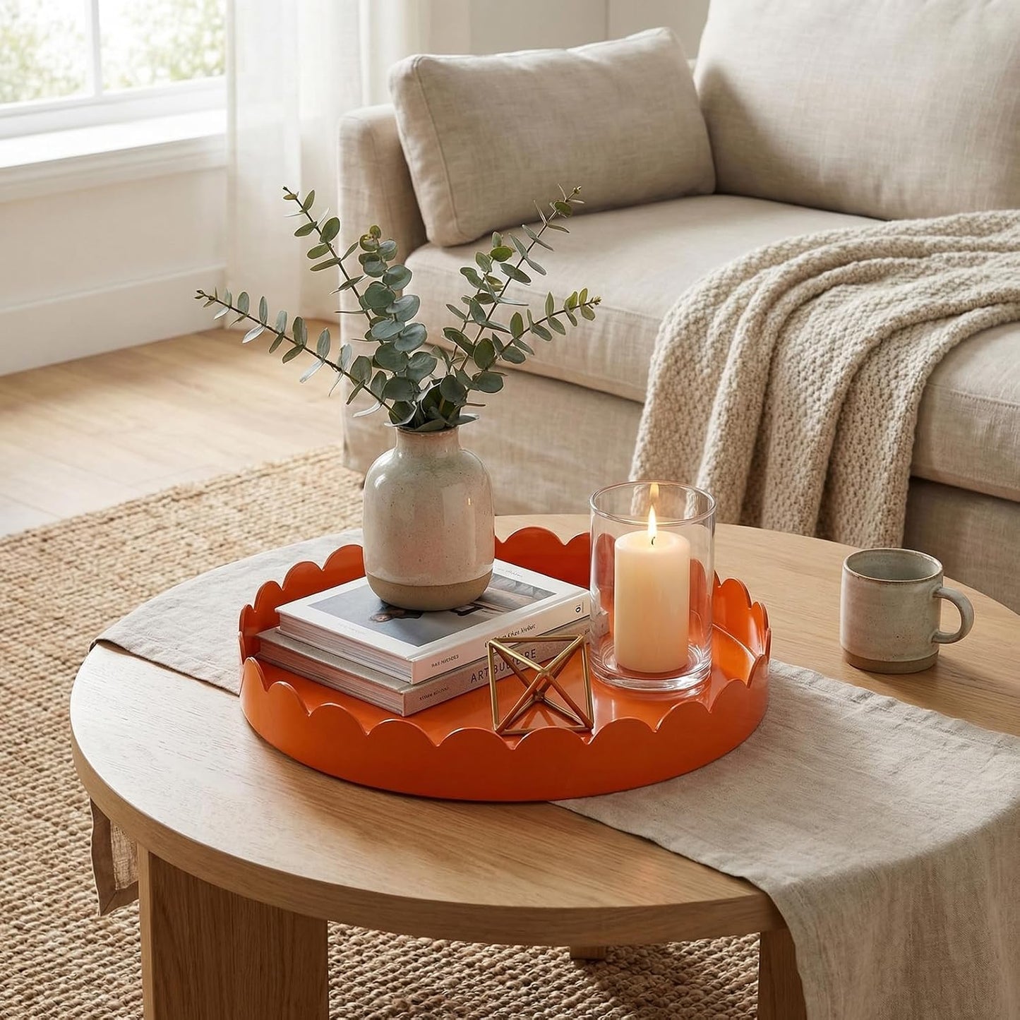 13" Round Scalloped Decorative Tray / Orange