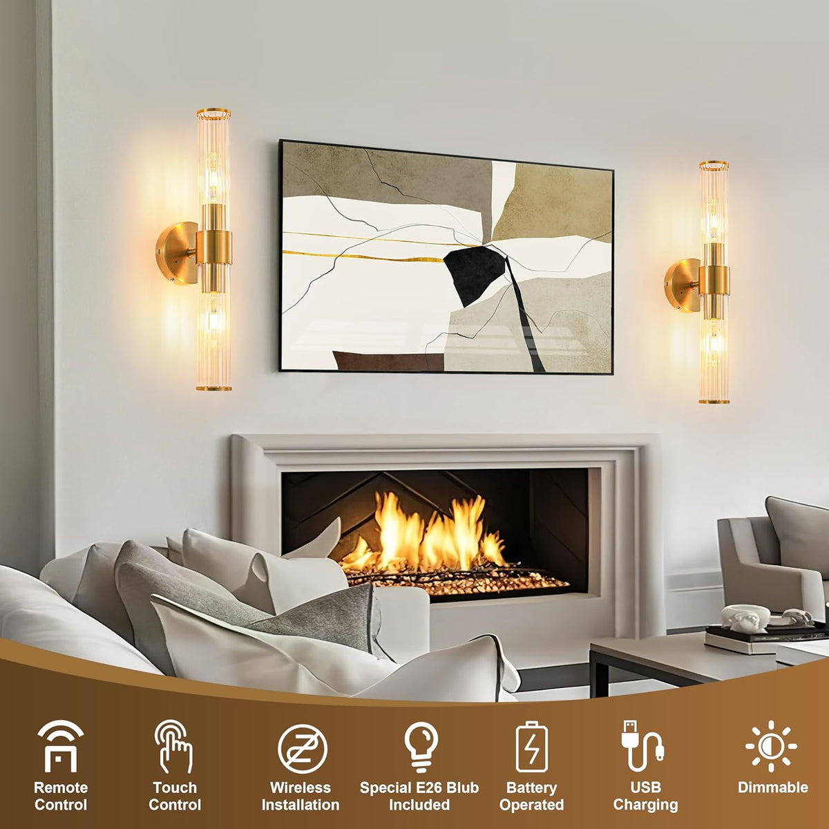Gold Battery Operated Wall Sconces 1 Pack, Dimmable Rechargeable Sconce | Wireless Wall Light with Glass Lamp Shade