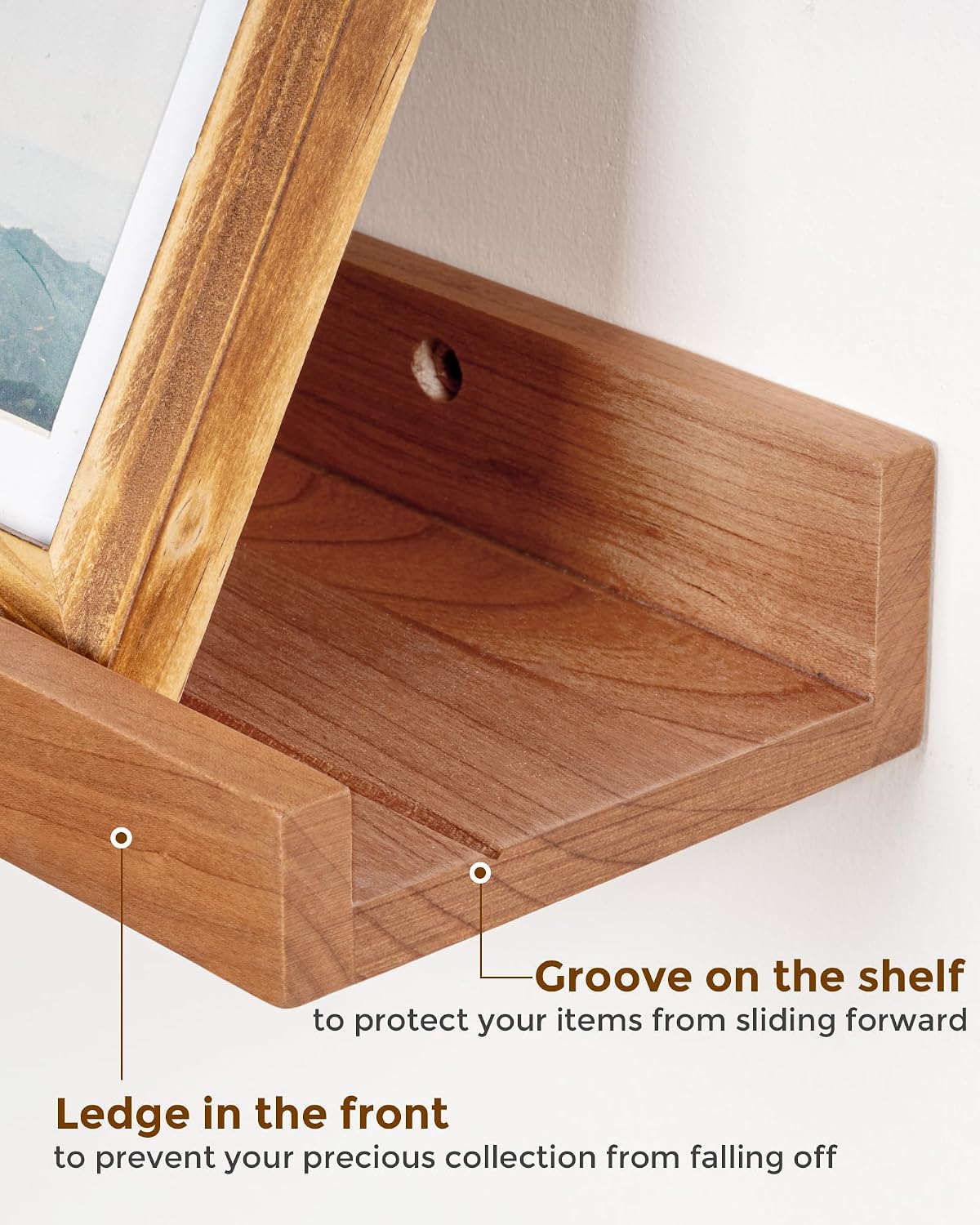 Cherry Picture Ledge Shelf, 36 Inch Floating Shelves Set of 2, Solid Wood Wall Shelves with Lip, Wall Decor Storage for