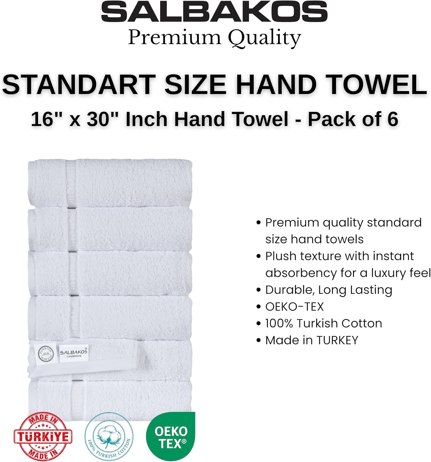 SALBAKOS 6-Piece 100% Turkish Cotton Hand Towels, 16x30 inch, White | Large Size Thick Super Soft Highly Absorbent