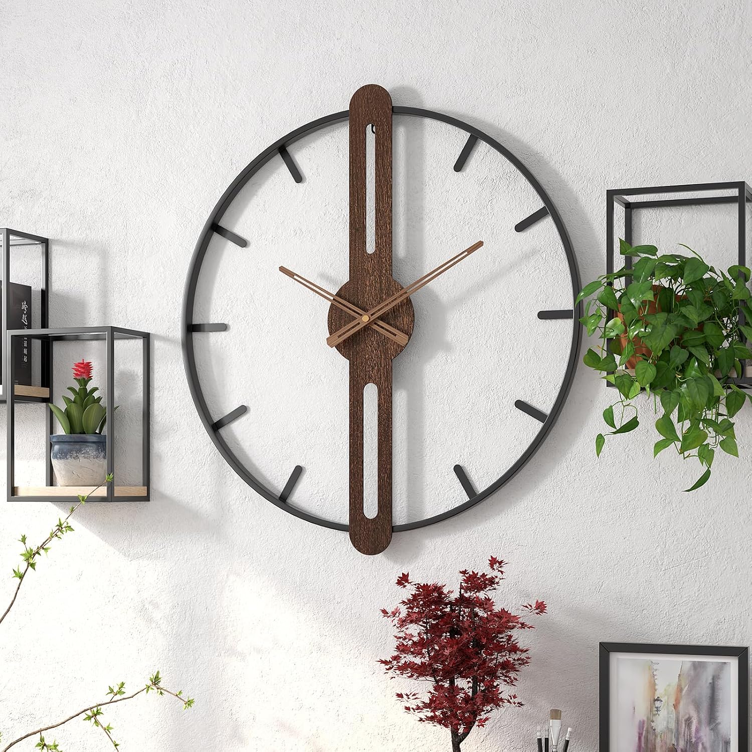 Modern Walnut Dial Wall Clock, Wood Large Wall Clock Decor Metal Frame Silent Non Ticking for Living Room, Bedroom