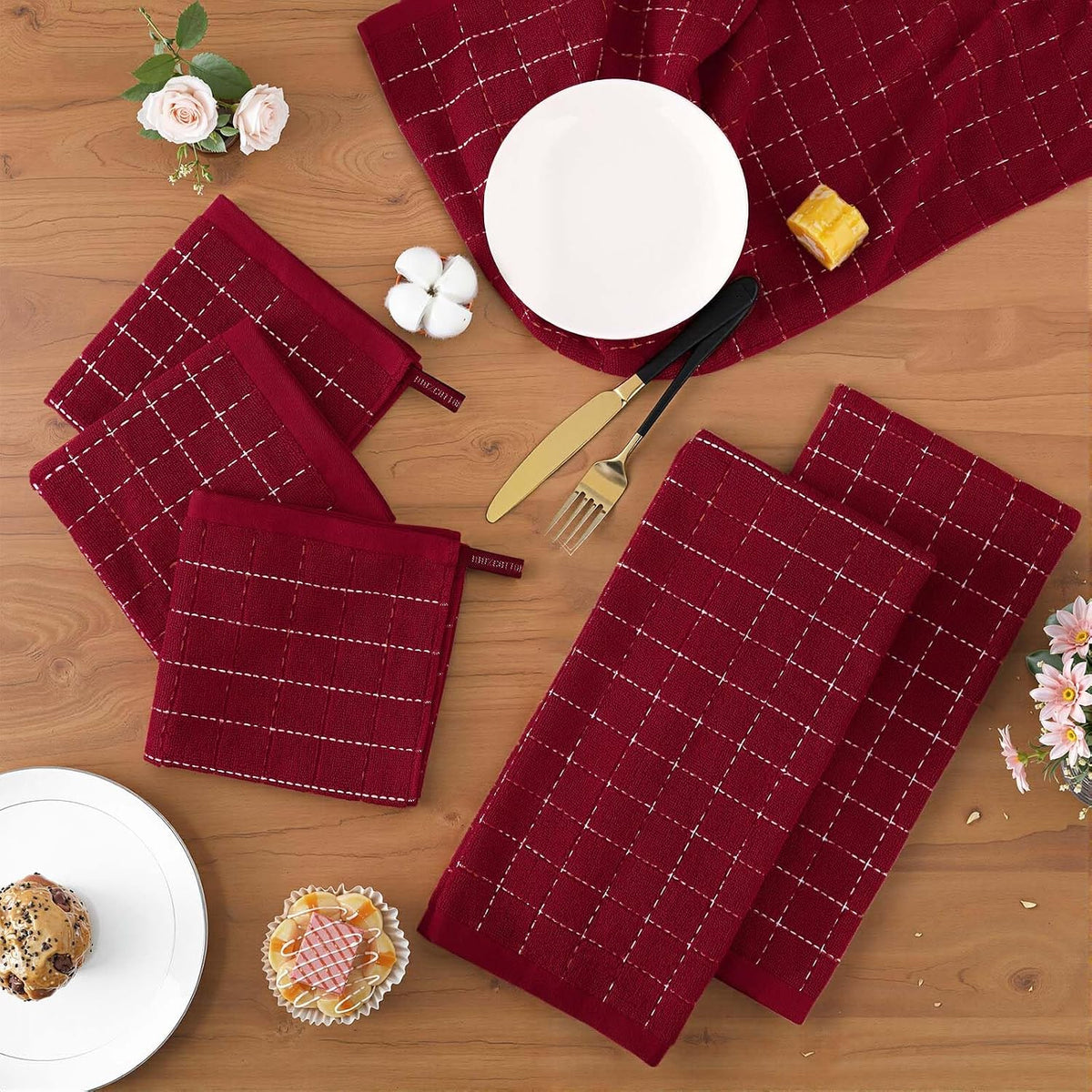 Homaxy Kitchen Towels and Dishcloths Set, Set of 16, Brick Red | Bulk Cotton Terry Kitchen Towels, Checkered Designed