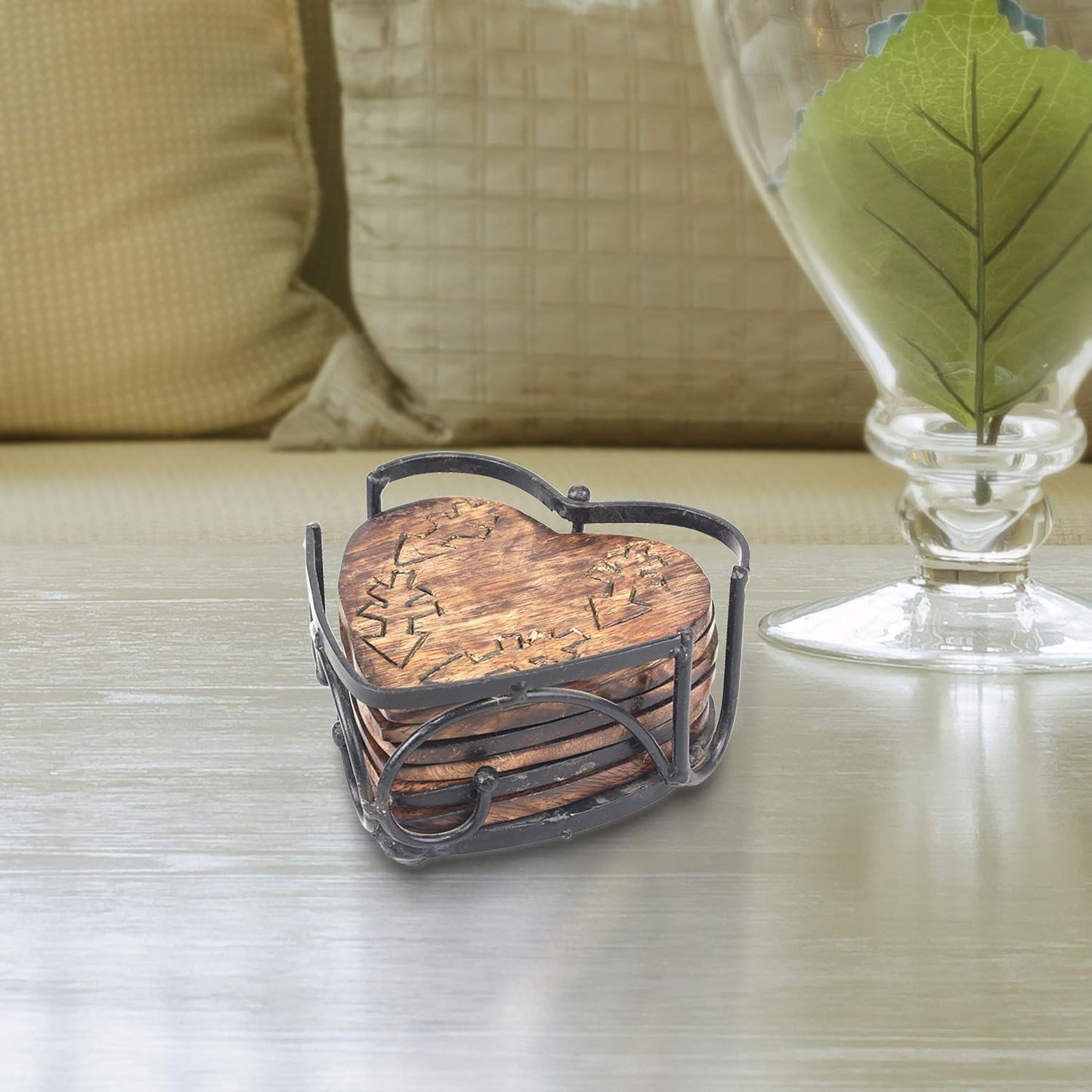 Metal Holder / Rustic Wooden Heart Shaped Coaster Set