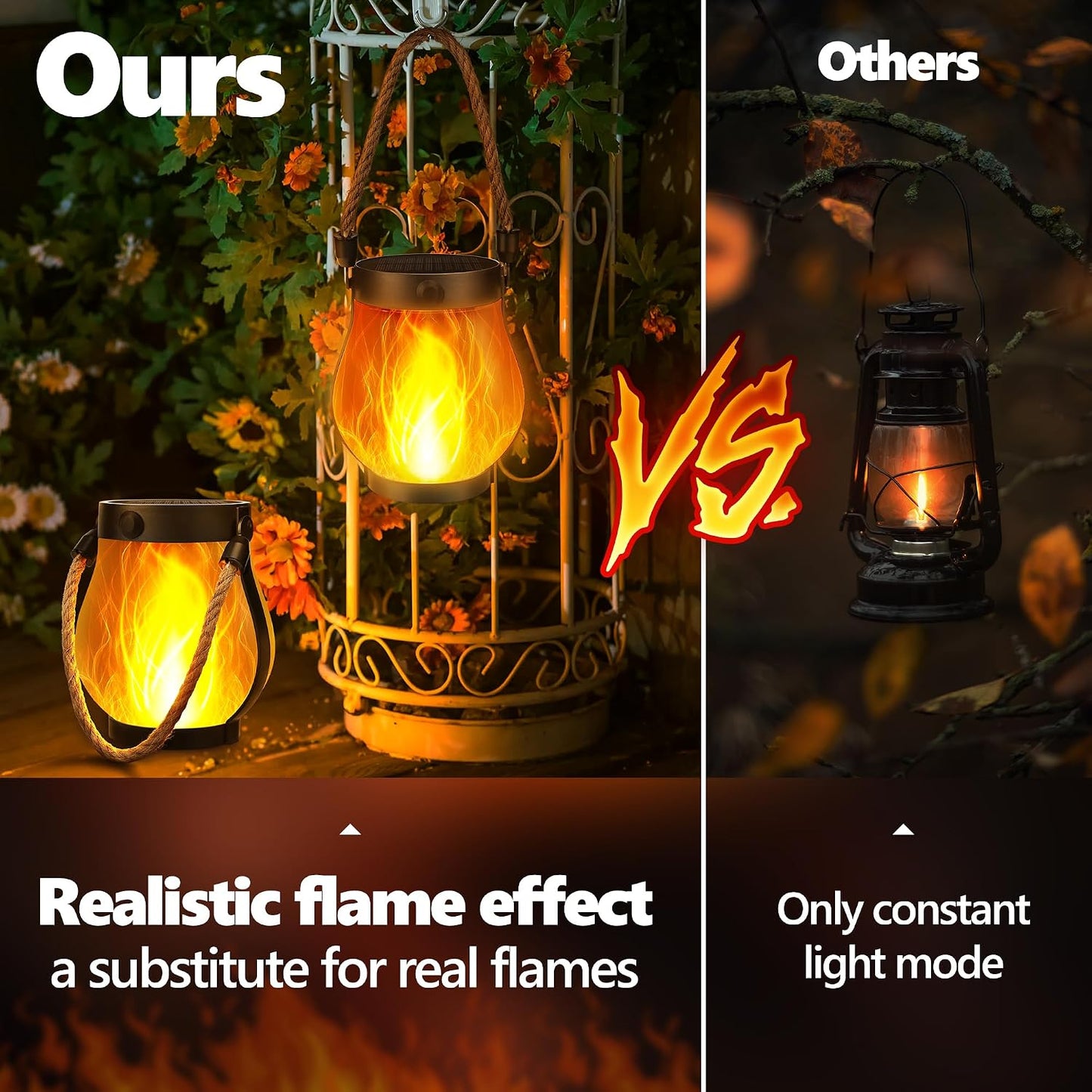 iBaycon 2 Pack Gen2 Solar Lantern Lights USB Ultra-Real Flame, Warm White | Solar Garden Lights with Solar & USB-C Dual