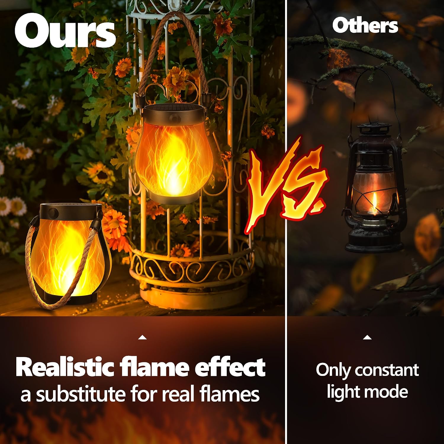 iBaycon 2 Pack Gen2 Solar Lantern Lights USB Ultra-Real Flame, Warm White | Solar Garden Lights with Solar & USB-C Dual