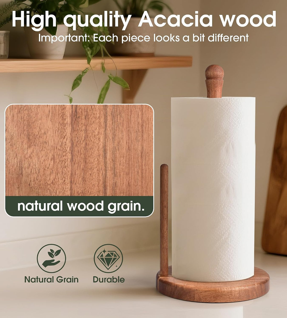 Farmhouse Acacia Wood Paper Towel Holder Countertop, Weighted Base for Kitchen & Bathroom, One-Handed Operation, Wooden