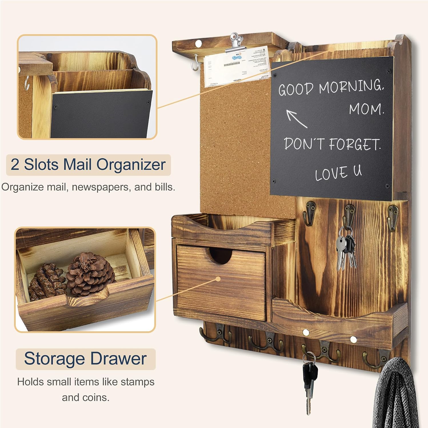 Key Holder Wall Mount / Natural Wood / Vertical