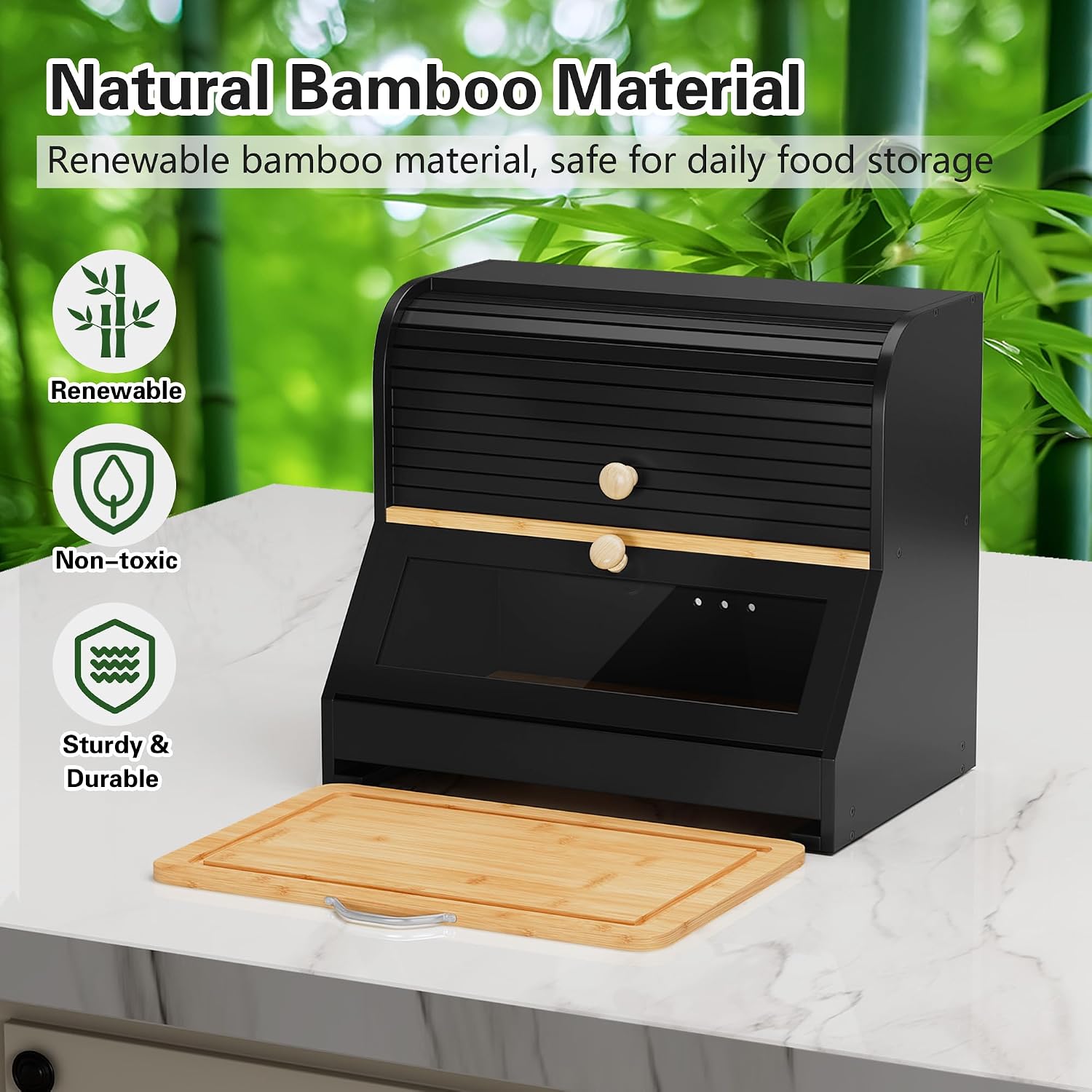 HOLTICO Roll Top Bamboo Bread Box with Cutting Board for Kitchen, Black | 2-Tier Large Wood Bread Bin for Kitchen