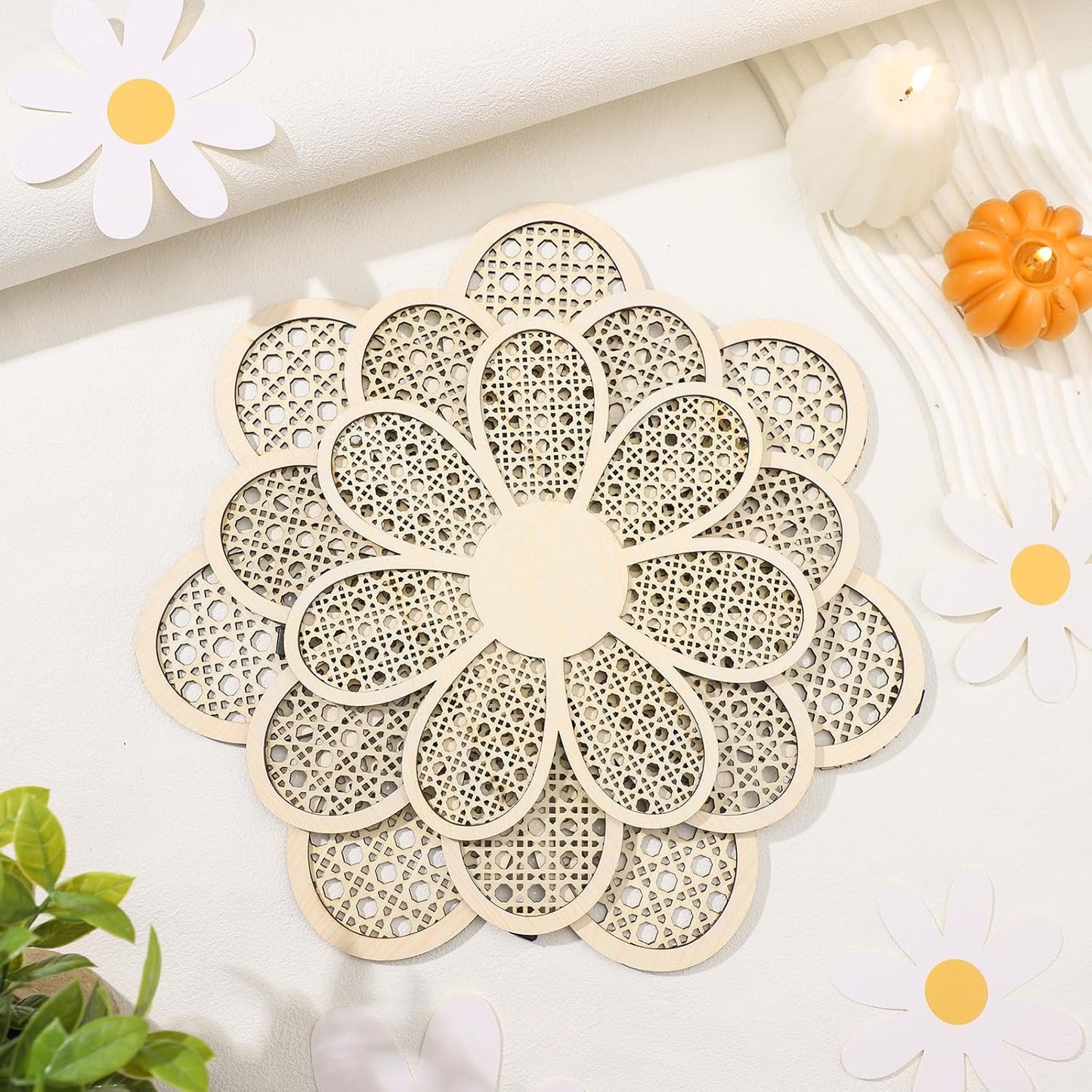 Boho Daisy Wall Decor Rattan Flower Wall Hanging Art Wooden Boho Art Nursery / Natural / Set of 6