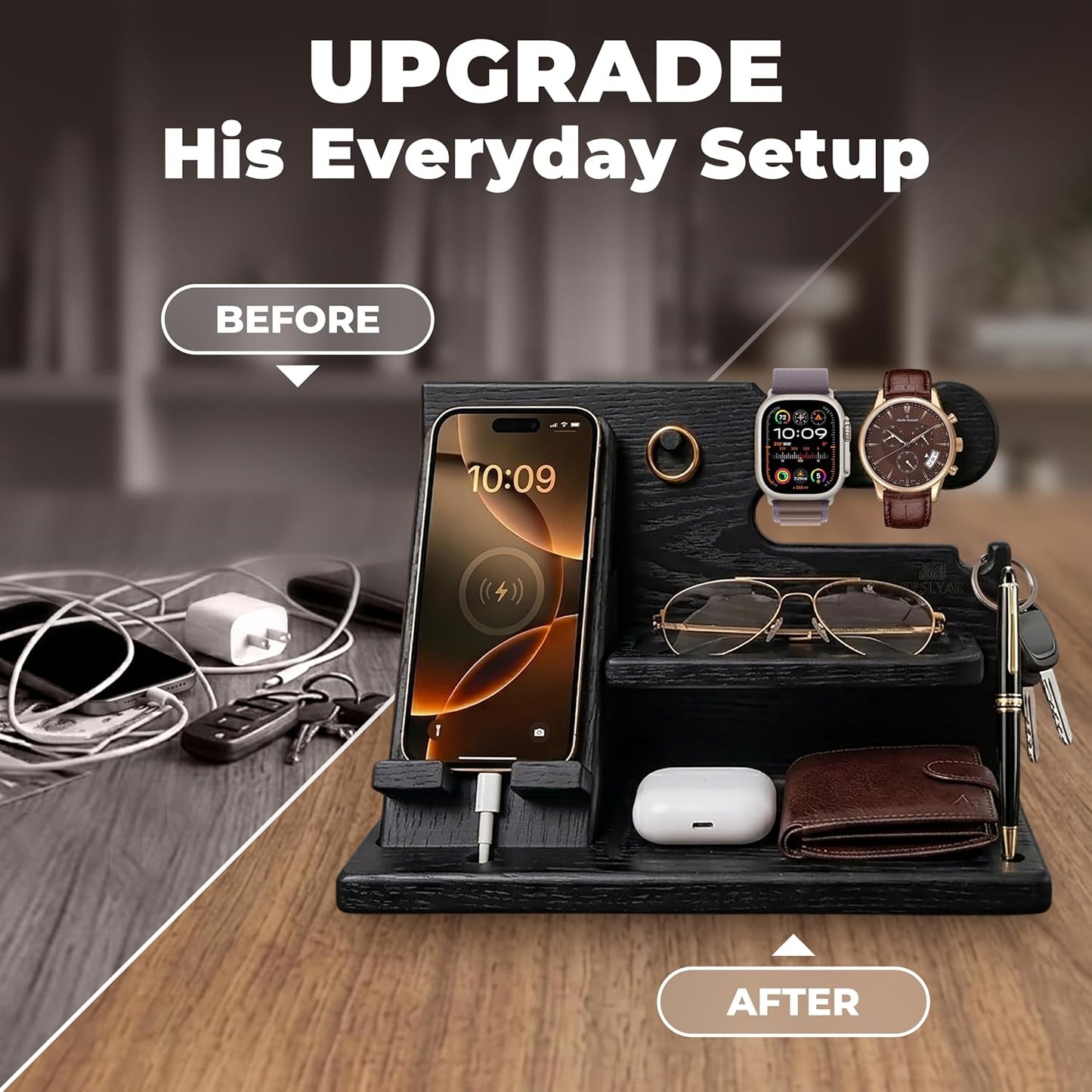 TESLYAR Wood Phone Docking Station for Men - Desk or Nightstand Organizer - Birthday Gifts for Husband, Dad
