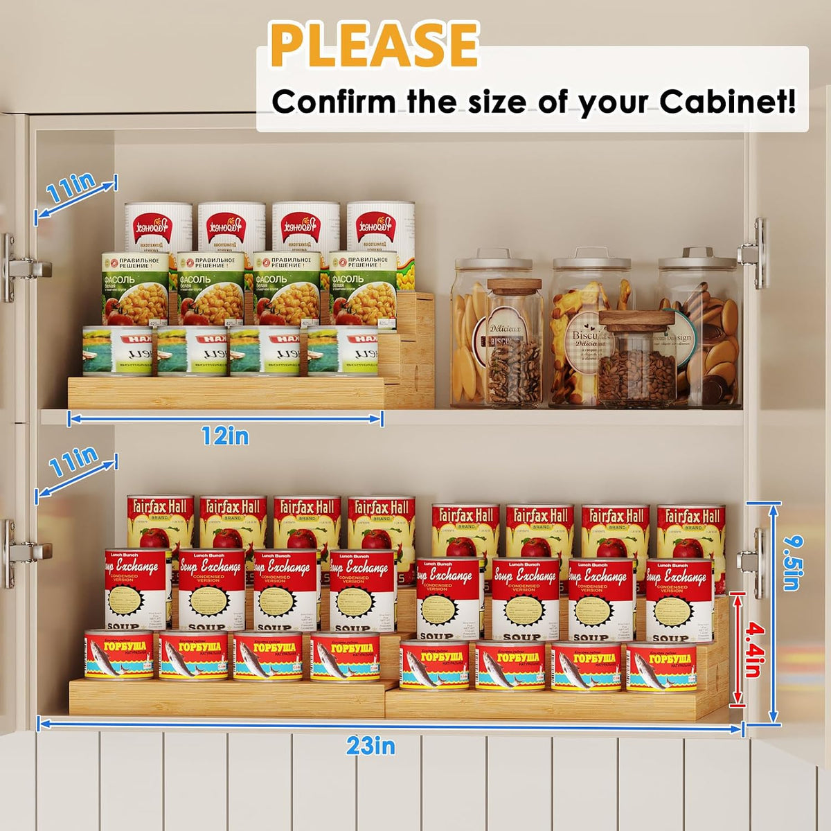 2-Pack Expandable Bamboo Can Organizer for Pantry Display, Holds 48 Cans | 3-Tier Adjustable Can Storage Holder, Soda &