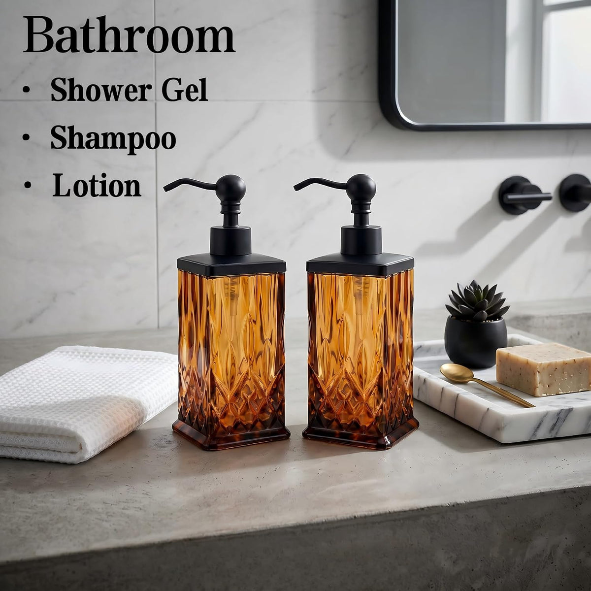 2 Pack 10Oz Amber Soap Dispenser, Square Thick Glass | Featured texture pattern, for lotion,hand soap or body wash for