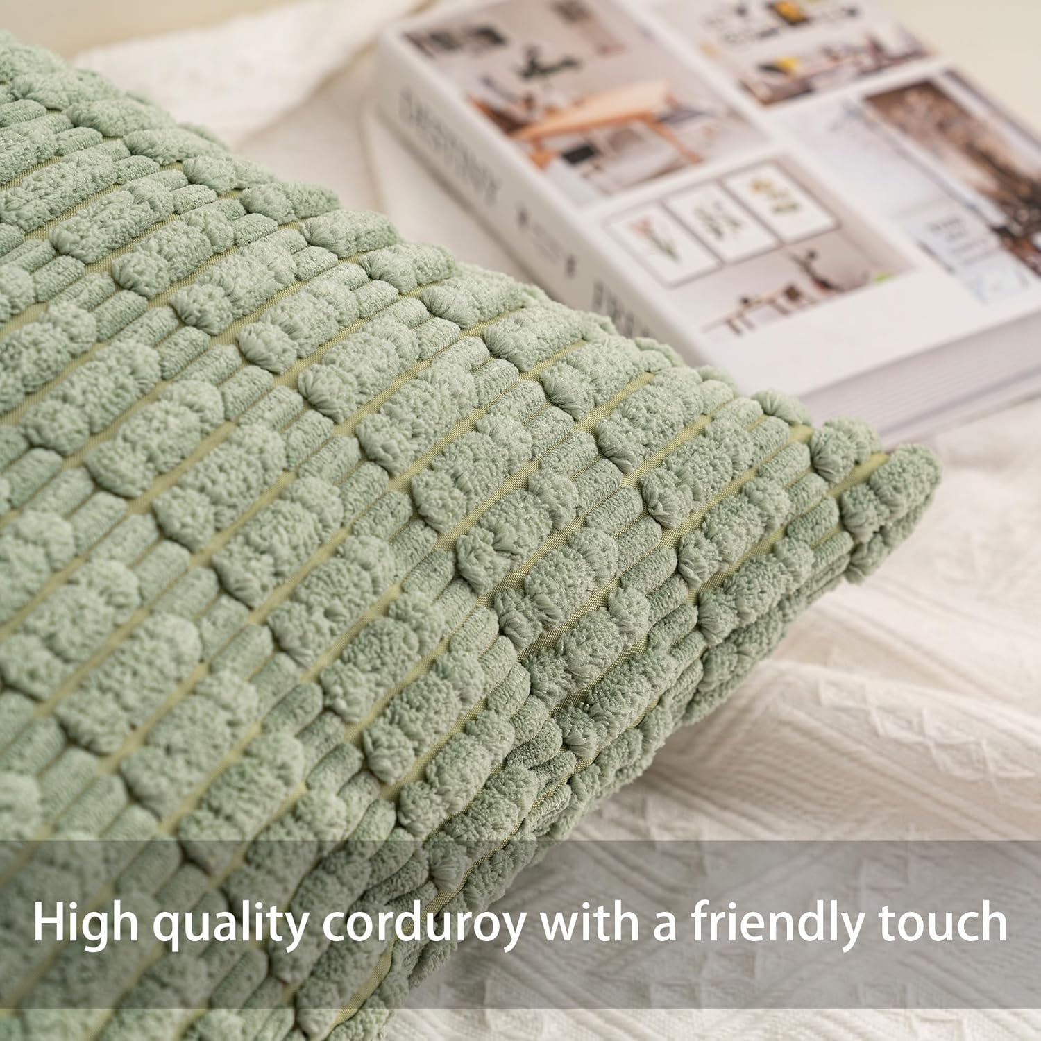 Corduroy Decorative Throw Pillow Covers InchSoft Striped Pillow / Sage Green / 26 x 26 / Set of 2