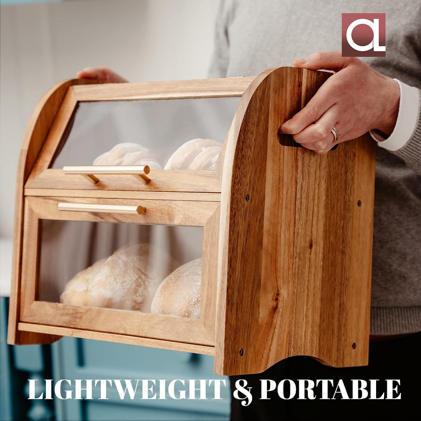 Arise Acacia Wooden Bread Box for Kitchen Countertop, Extra Large 2-Shelf | Bread Storage Container with Clear Windows