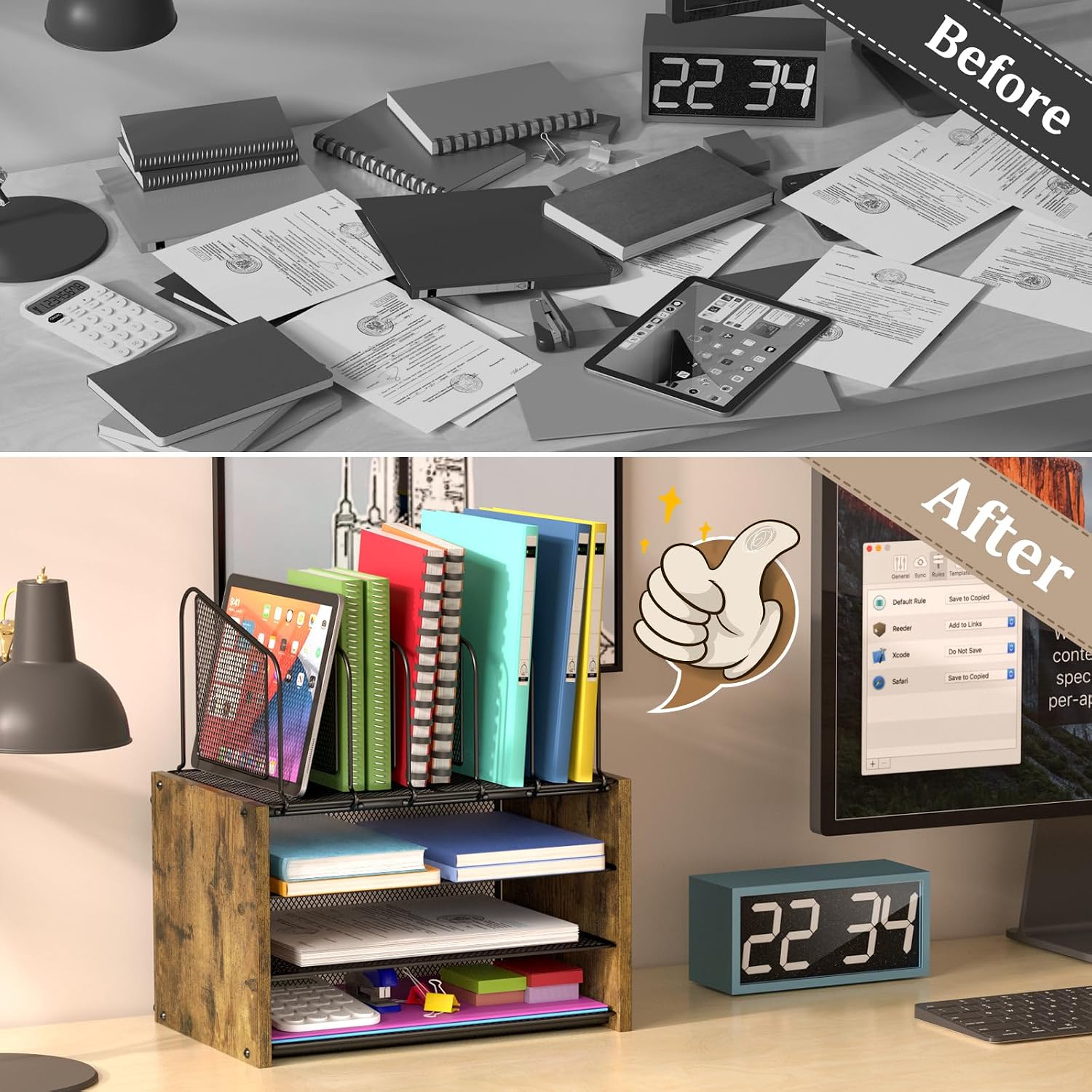 4-Tier Desk Organizer, Desk File Organizer with 5 Vertical File Holders, Office Desktop Organizer with 3 Level Paper