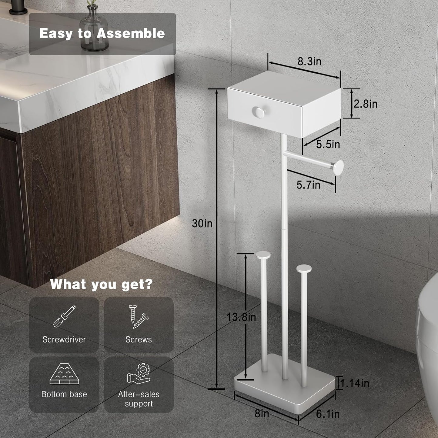 VOLDRA Toilet Paper Holder Stand with Shelf, Free Standing Toilet Paper Roll Holder with Wipes Storage Drawer Heavy