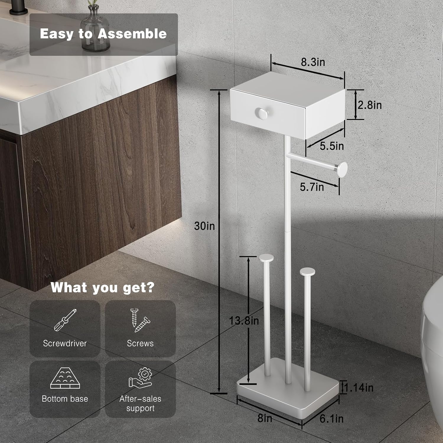 VOLDRA Toilet Paper Holder Stand with Shelf, Free Standing Toilet Paper Roll Holder with Wipes Storage Drawer Heavy