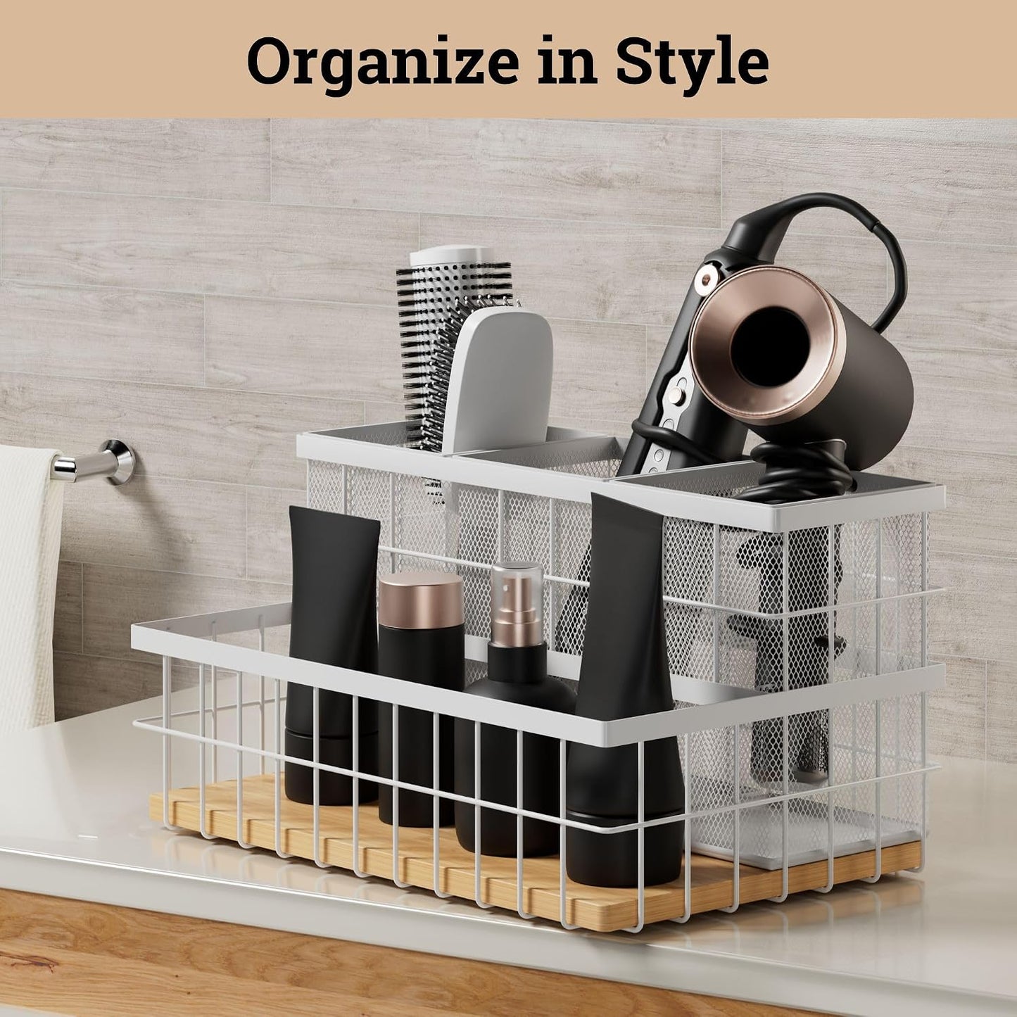 Hair Tool Organizer Countertop, Breathable Metal & Bamboo, Heat-Resistant | No Assembly Required, Removable Baskets