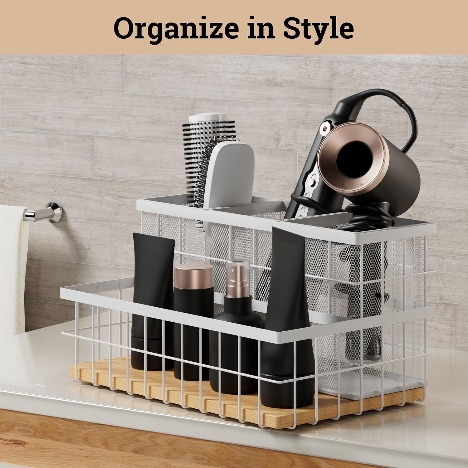 Hair Tool Organizer Countertop, Breathable Metal & Bamboo, Heat-Resistant | No Assembly Required, Removable Baskets