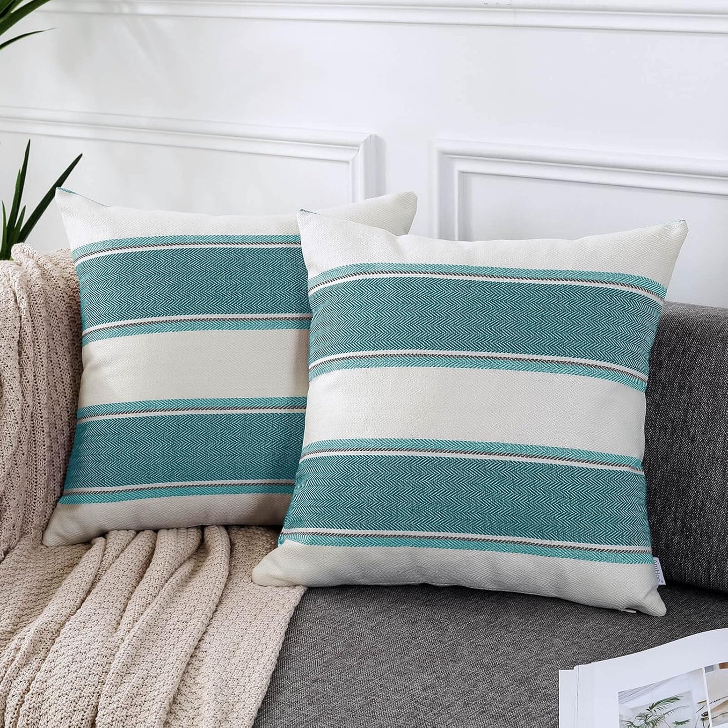 Farmhouse Linen Throw Pillow Cover Cushion Stripe Decoration Buffalo / 22 x 22 / Teal / Set of 2