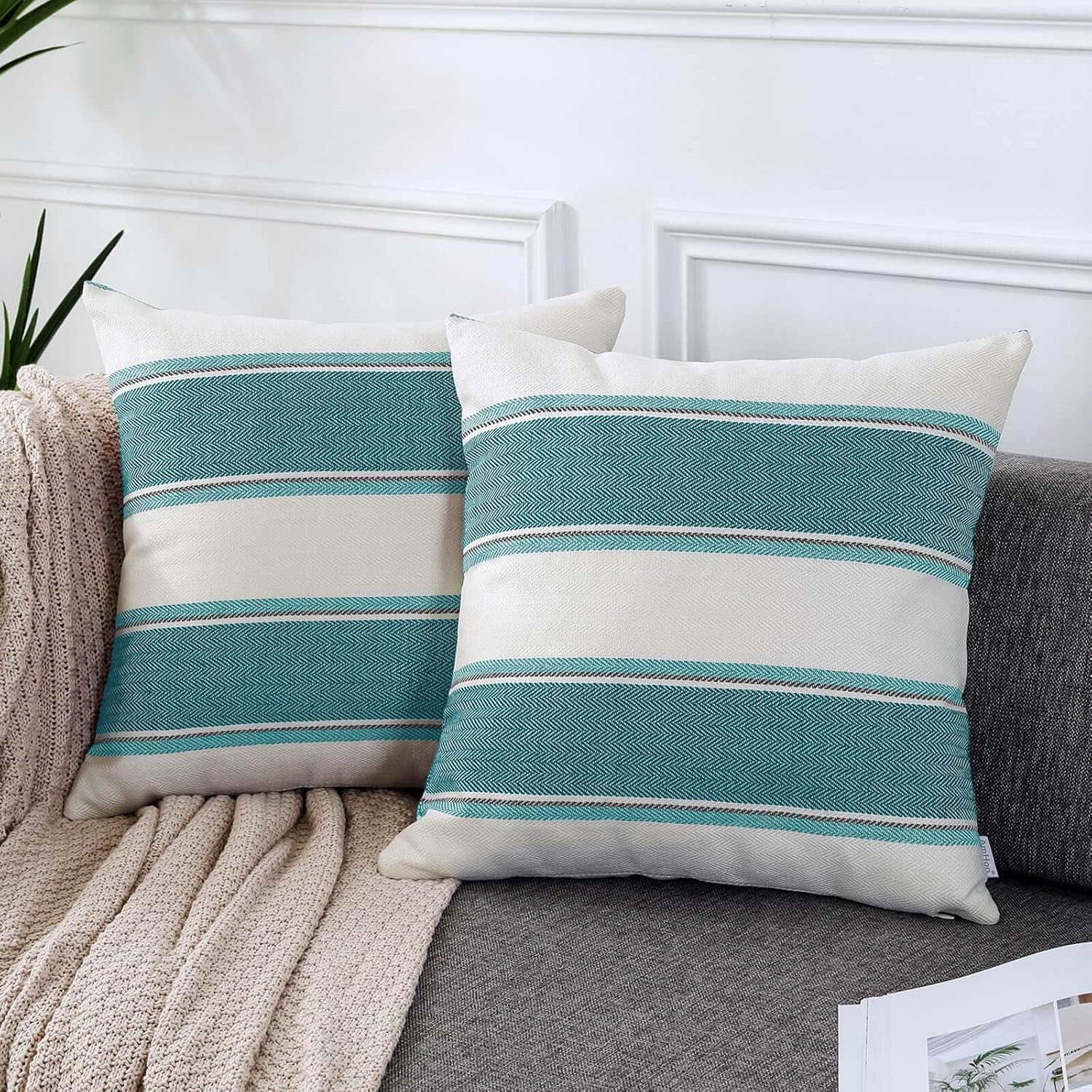 Farmhouse Linen Throw Pillow Cover Cushion Stripe Decoration Buffalo / 22 x 22 / Teal / Set of 2