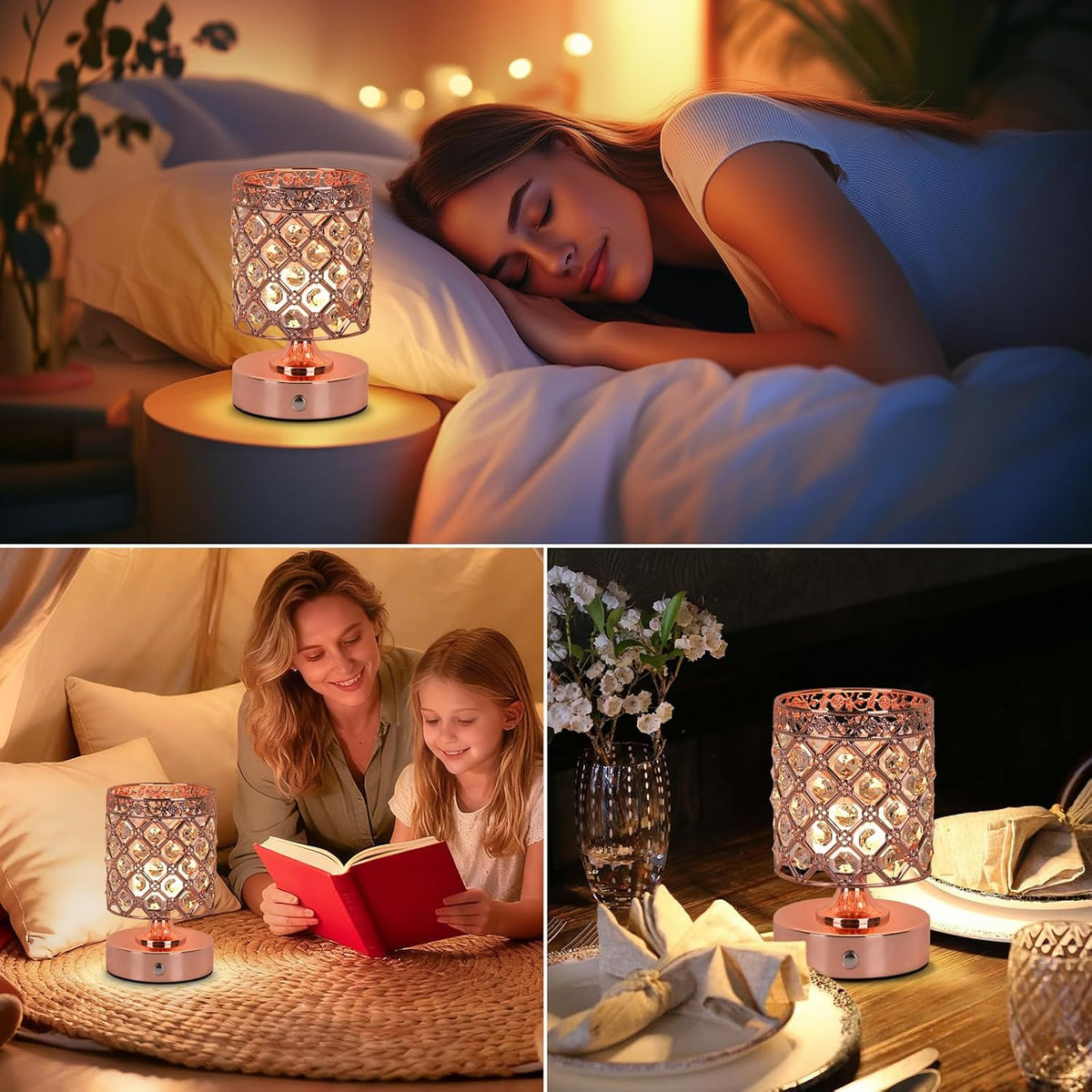 Rose Gold Crystal Rechargeable Cordless Table Lamp, Touch Small Desk Lamp | 6000mAh Battery, 3 Color Temps, Stepless