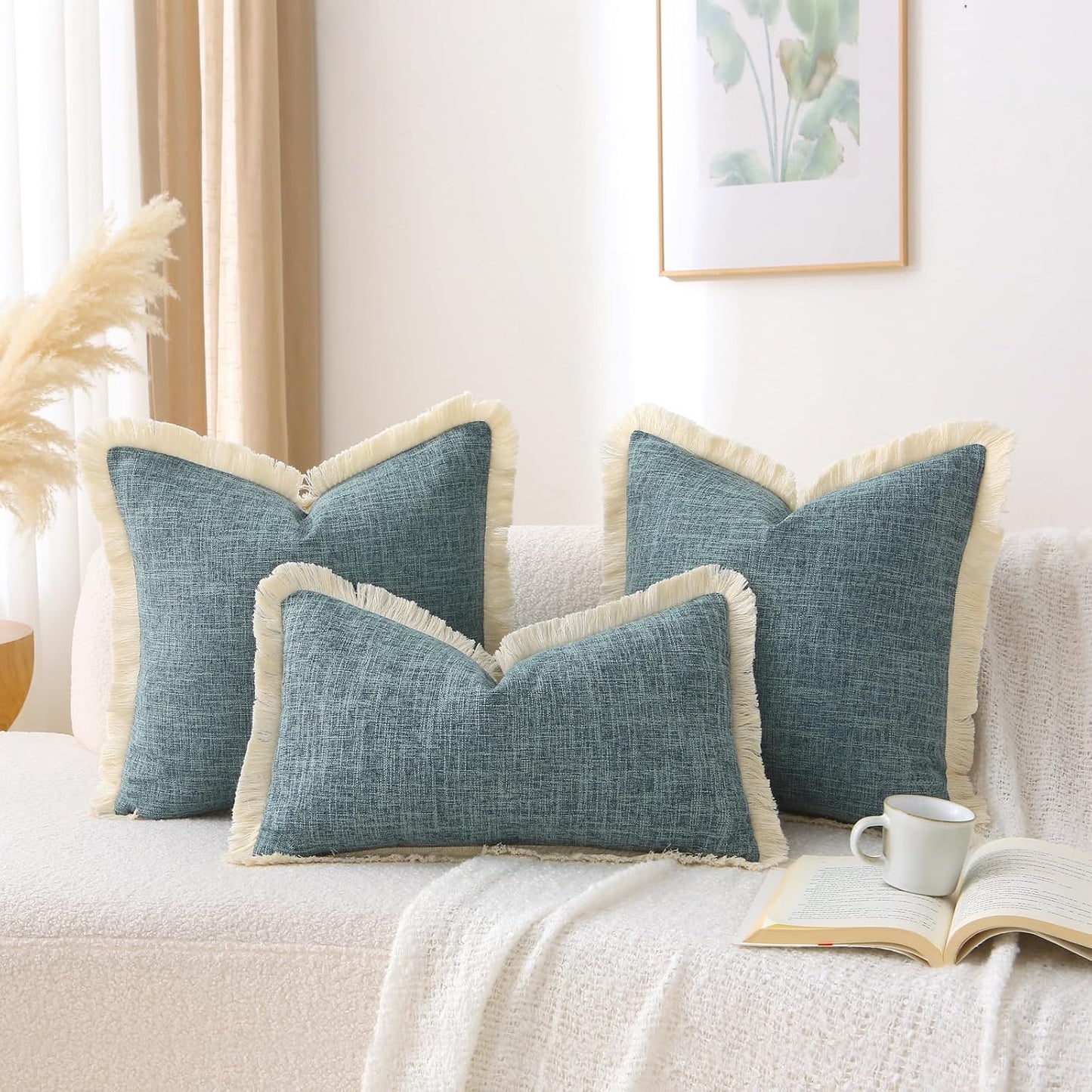 Boho Decorative Throw Pillow Covers Tassels Rectangle Linen Lumbar / Gray Blue / 20 x 12 / Set of 2