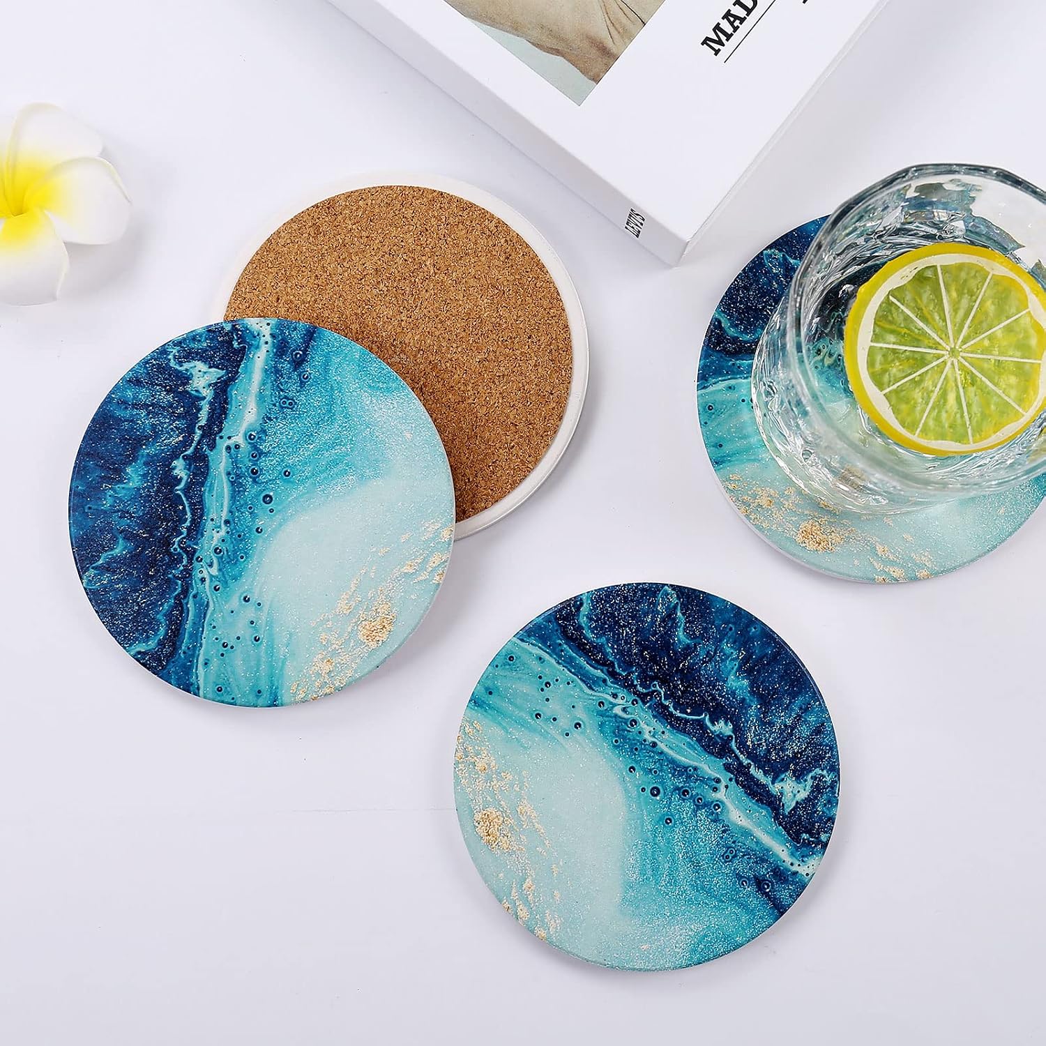 Ceramic Cup Holder Drink Coasters / Blue Ocean / Set of 4