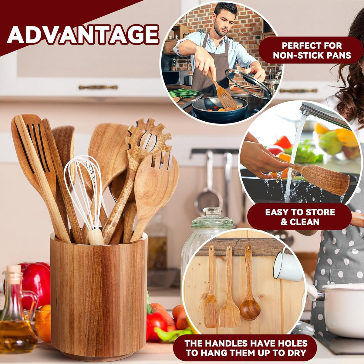 SiliFine 11 Pcs Wooden Kitchen Utensils Set with 360° Straight Rotating Holder Acacia Wood Cooking Utensils with
