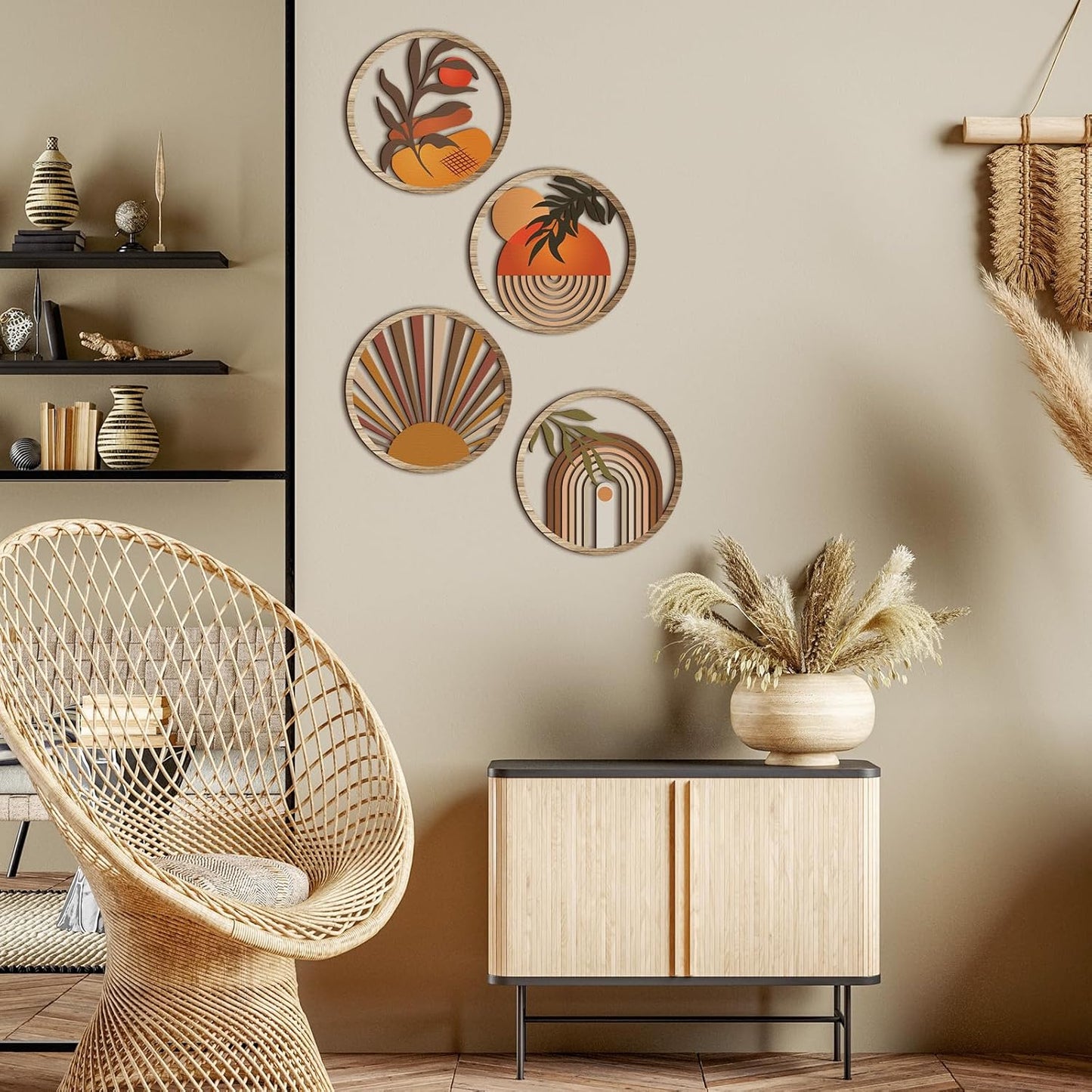 Boho Wall Art Bohemian Wooden Round Circle Wall Decor Hollow out Hanging / Stylish / Set of 4