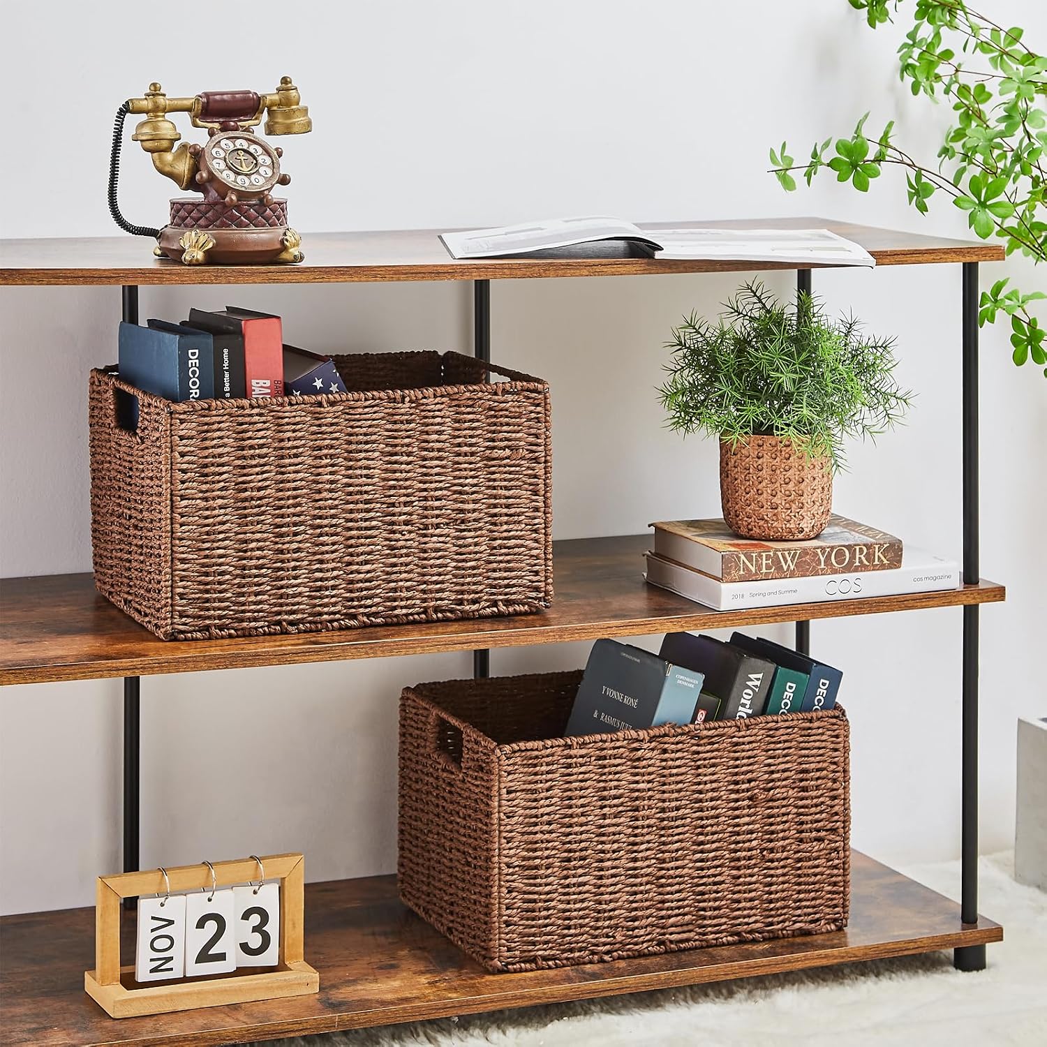 Wicker Storage Basket / Brown / 15.2"D x 10"W x 8.6"H / Set of 2