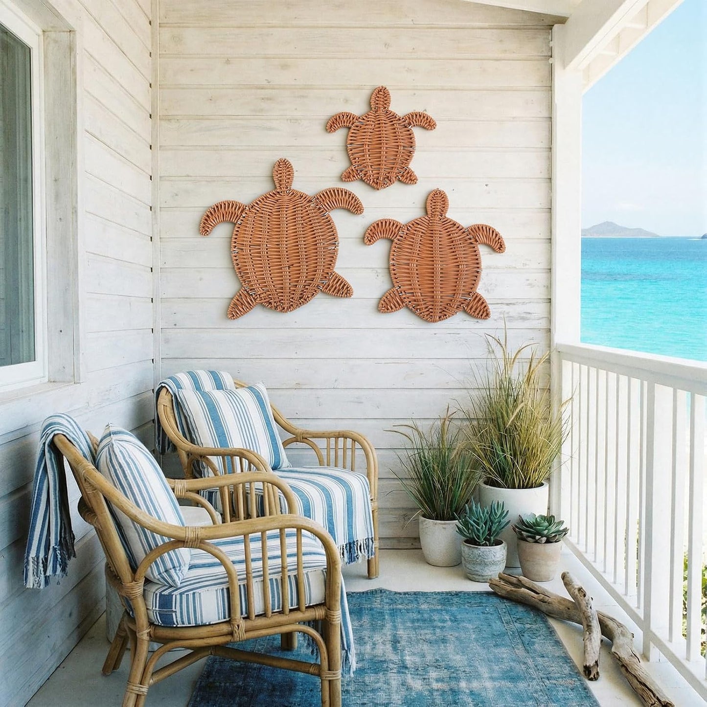 Sea Turtle Wicker Wall Decor 3 Size Handmade Coastal Summer Rattan Wall Art Decor Beach / Set of 3