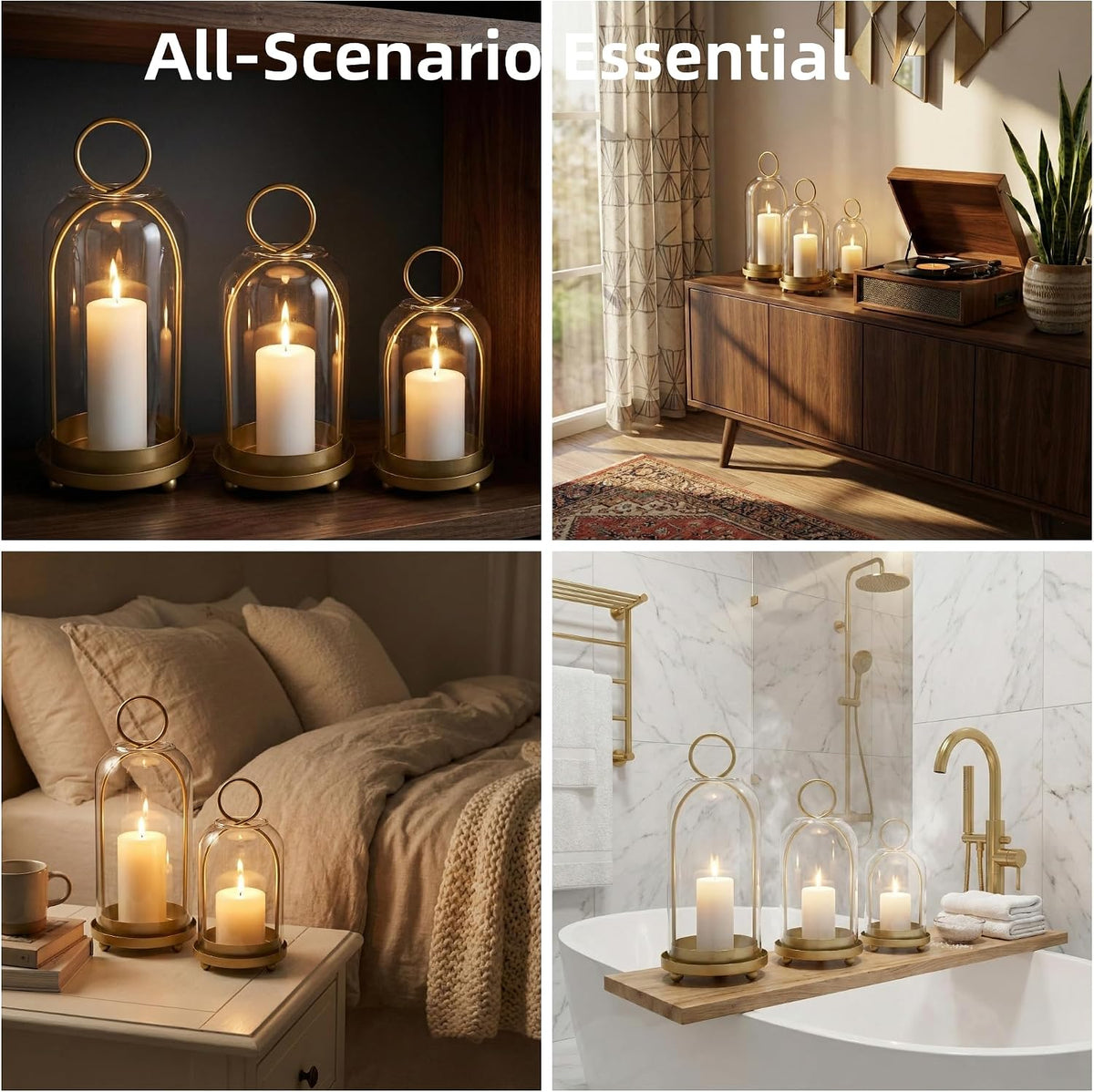 3 Pack Metal Candle Holders with Glass Dome, Gold Candlestick Holders Set | 5.5" & 4.7" & 3.9" Wide Versatile Hurricane