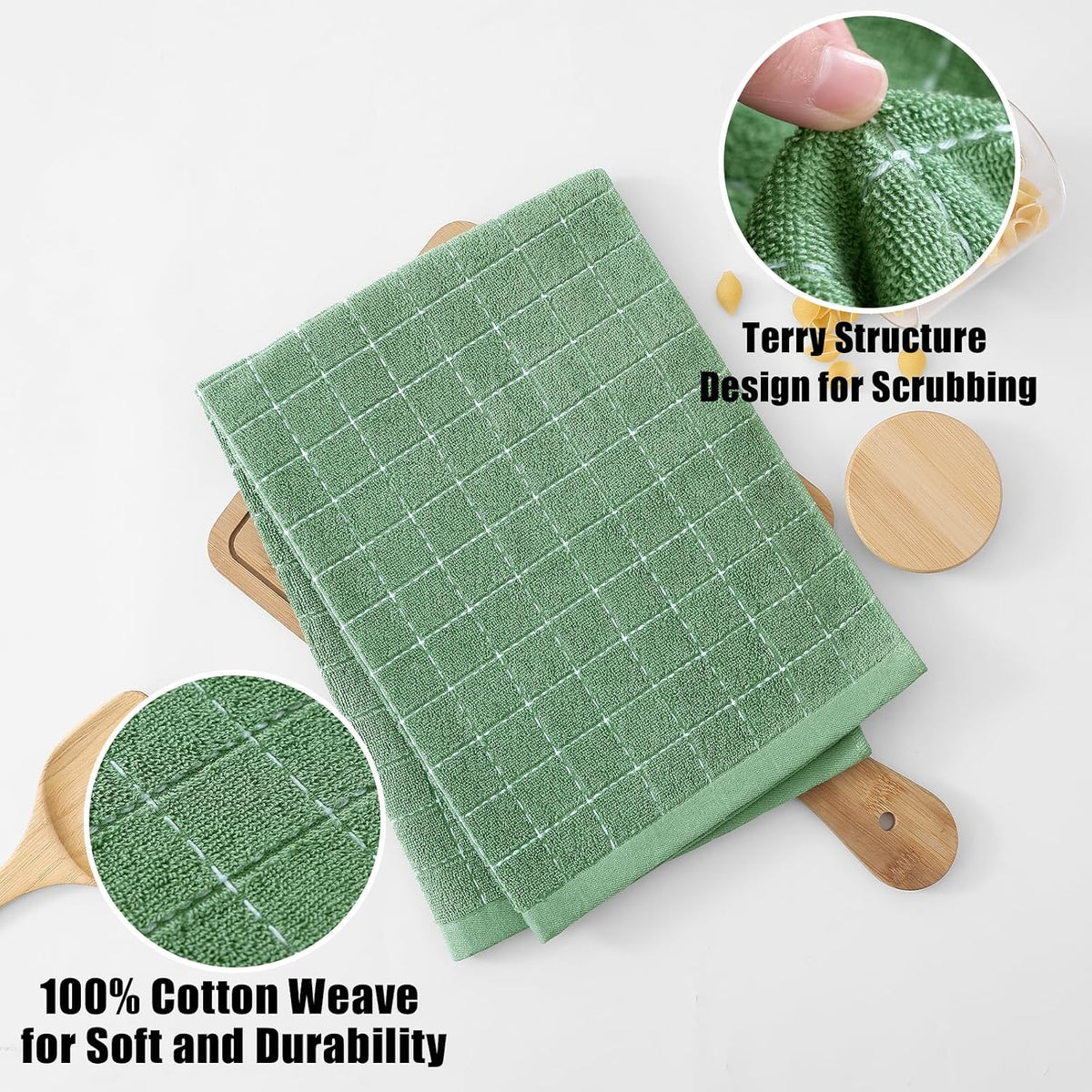 Homaxy 100% Cotton Terry Kitchen Towels, Large 8 Pack, Grass Green | Ultra Soft and Absorbent Dish Towels for Kitchen