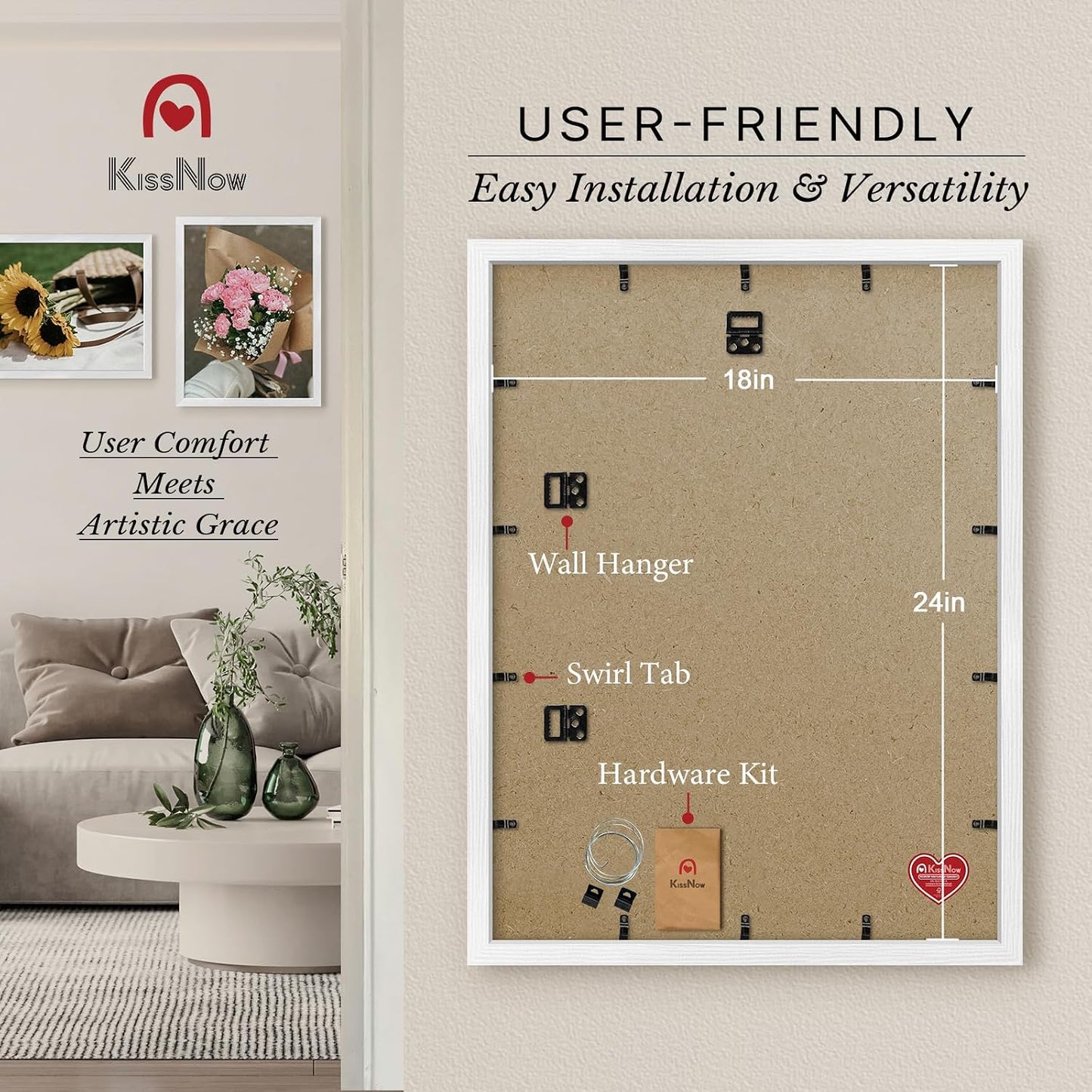 18x24 Poster Frame, White Solid Wood, 2 Pack, Wall Hanging for Art | Thick & Wide Border, HD Plexiglass, Horizontal or