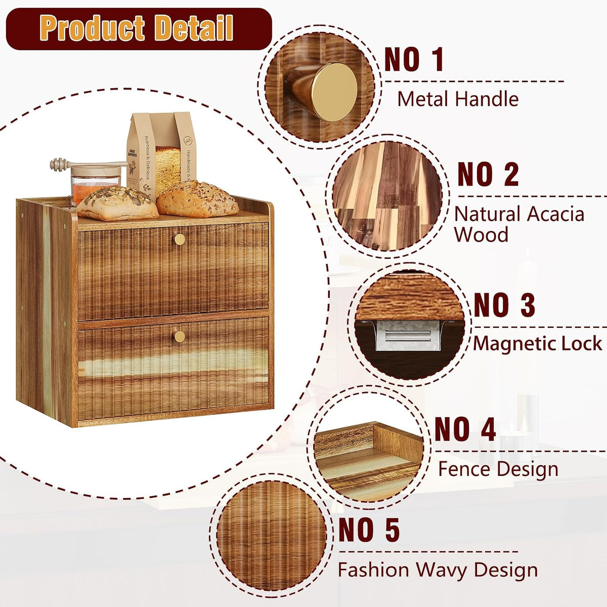 Trironsun Acacia Bread Box for Kitchen Countertop Wood Bread Storage Container Bin Double Layer BreadBox Farmhouse